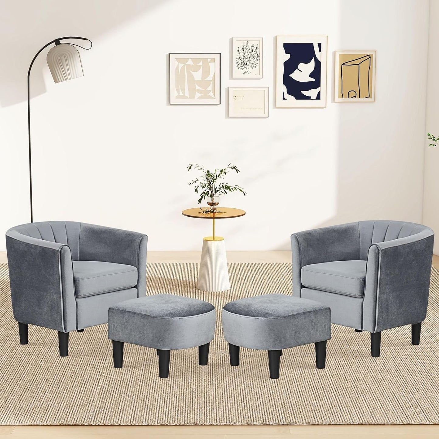 Accent Chair with Ottoman, Upholstered Velvet Club Barrel Reading Chair with Footrest Modern Comfy round Barrel Chairs for Bedroom, Living Room, Small Reading Spaces (1, Grey)