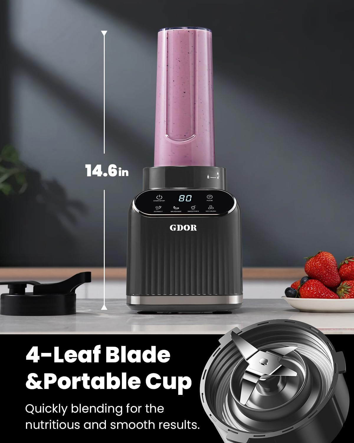 Professional Blender for Smoothies, 5 Functions, 1200 Peak Watts Smoothie Blender, 52 Oz Glass Jar & 24 Oz To-Go Cup Combo, Blenders for Smoothies, Ice and Frozen Fruit, Self-Cleaning, Gray