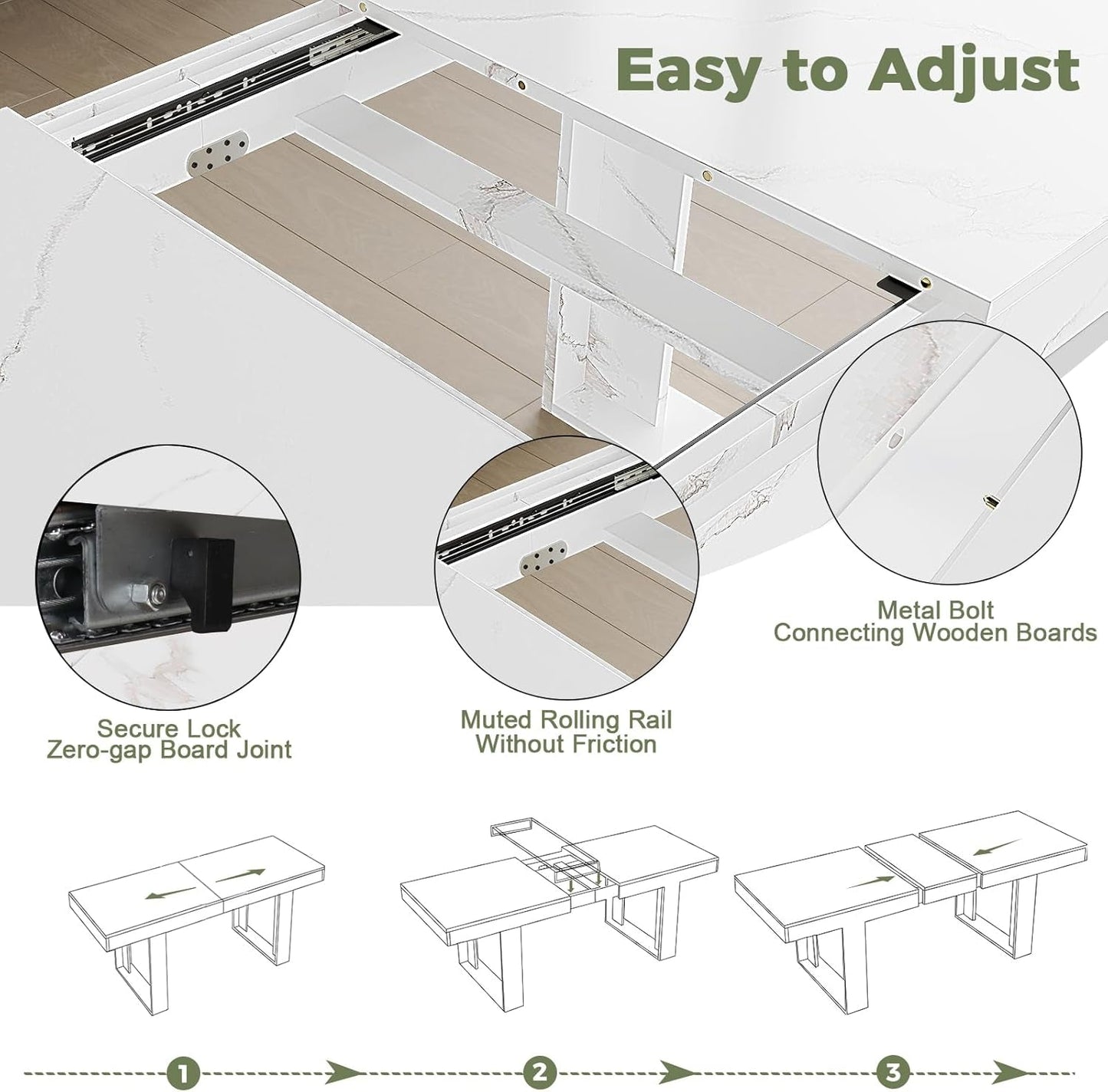 White Marble Extendable Dining Room Table for 8 10, 70.9" (86.6") X 31.5", Rectangle Dinner Table for 6-10, Modern Expandable Retractable Kitchen Table (White)