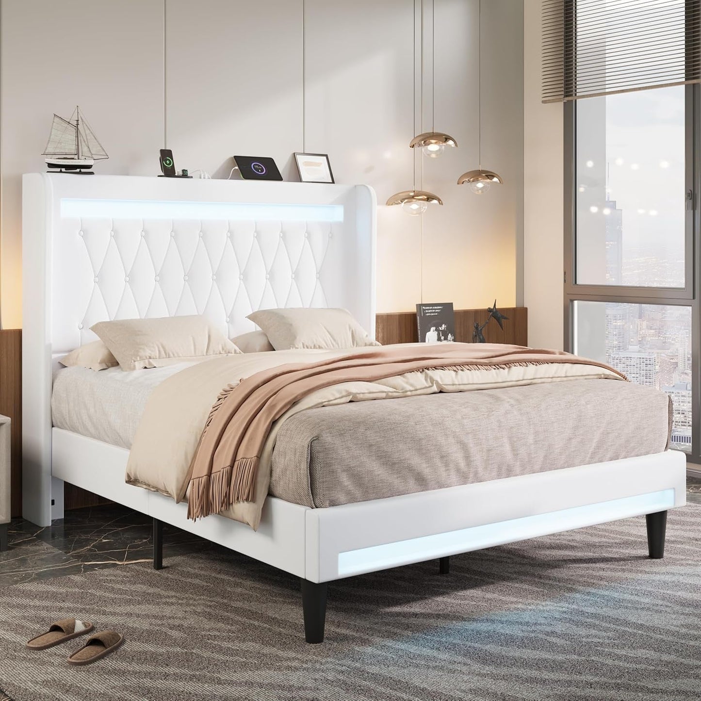 Upholstered Full Size Platform Bed Frame with LED Light and Charging Station, Button Tufted High Headboard, Wingback Design, Noise Free, Easy Assembly, No Box Spring Needed, White