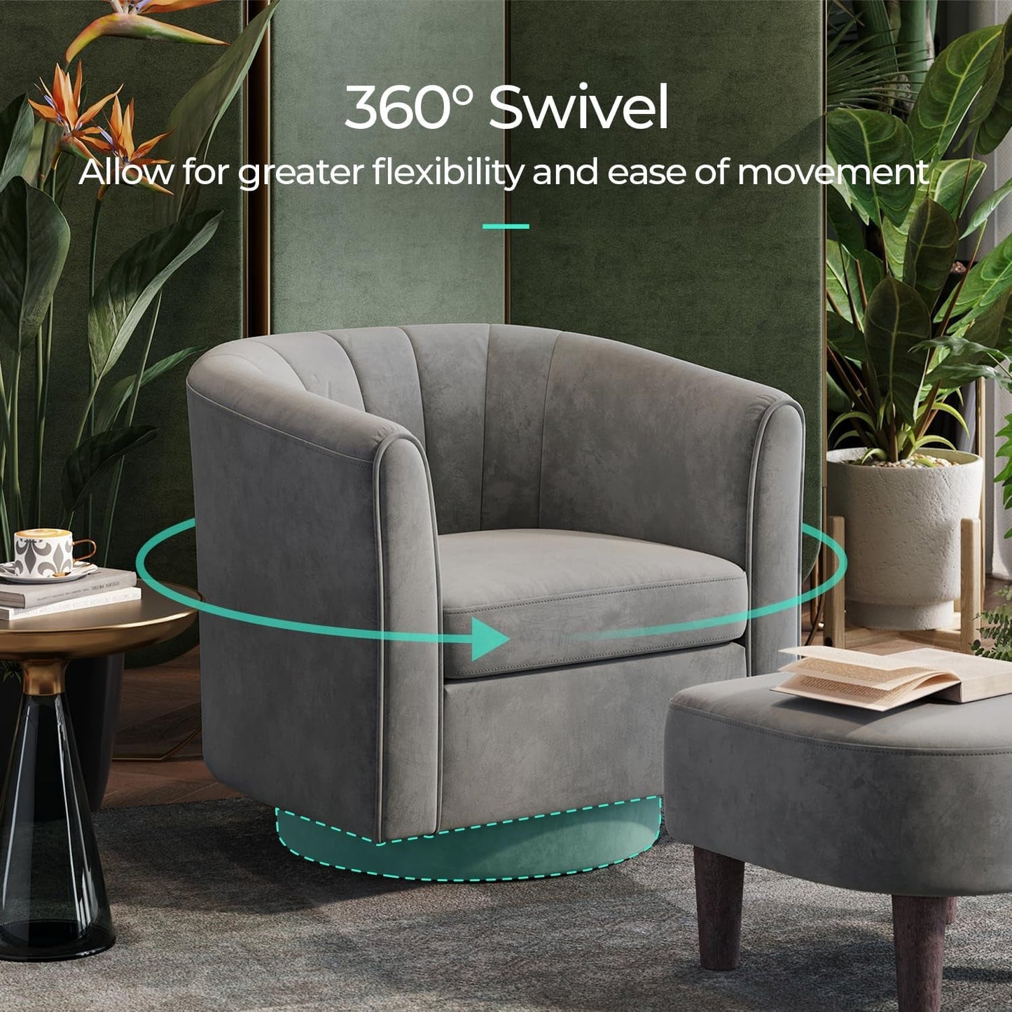 Swivel Accent Chair with Ottoman: Small Velvet Barrel Chair 360 Swivel Modern Armchair, Upholstered Reading Chair with Footrest for Living Room Bedroom Study Room (Grey)