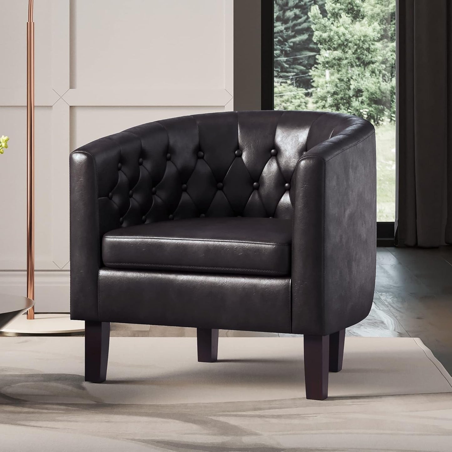 Brown Accent Chairs for Living Room, Elegant Arm Chair Upholstered Tufted Barrel Chair Club Chair for Bedroom with Sturdy Legs and Faux Leather - Berlinda (Brown)