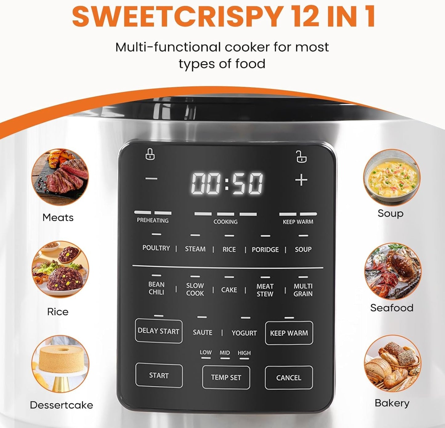 6 QT Electric Pressure Cooker 12-In-1 Multi Digital Cookers, Rice Steamer Yogurt Maker Stainless Steel