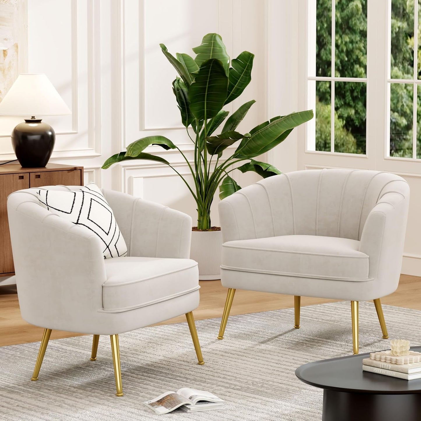 Velvet Accent Chair Set of 2, Upholstered Modern Single Sofa Side Chair,Comfy Barrel Club Living Room Armchair with Golden Metal Legs for Bedroom Living Reading Room Office, Beige