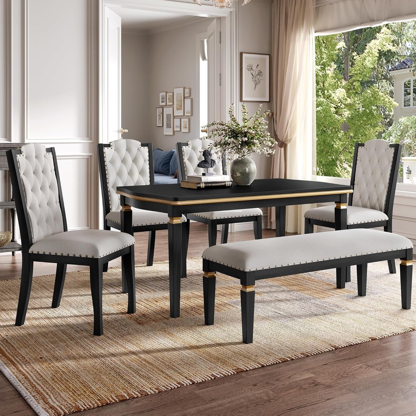 6-Piece Dining Table Set, 60" Solid Wood Rectangular Table with 4 Upholstered Chairs and 1 Bench, Modern Farmhouse for Kitchen Room, Black