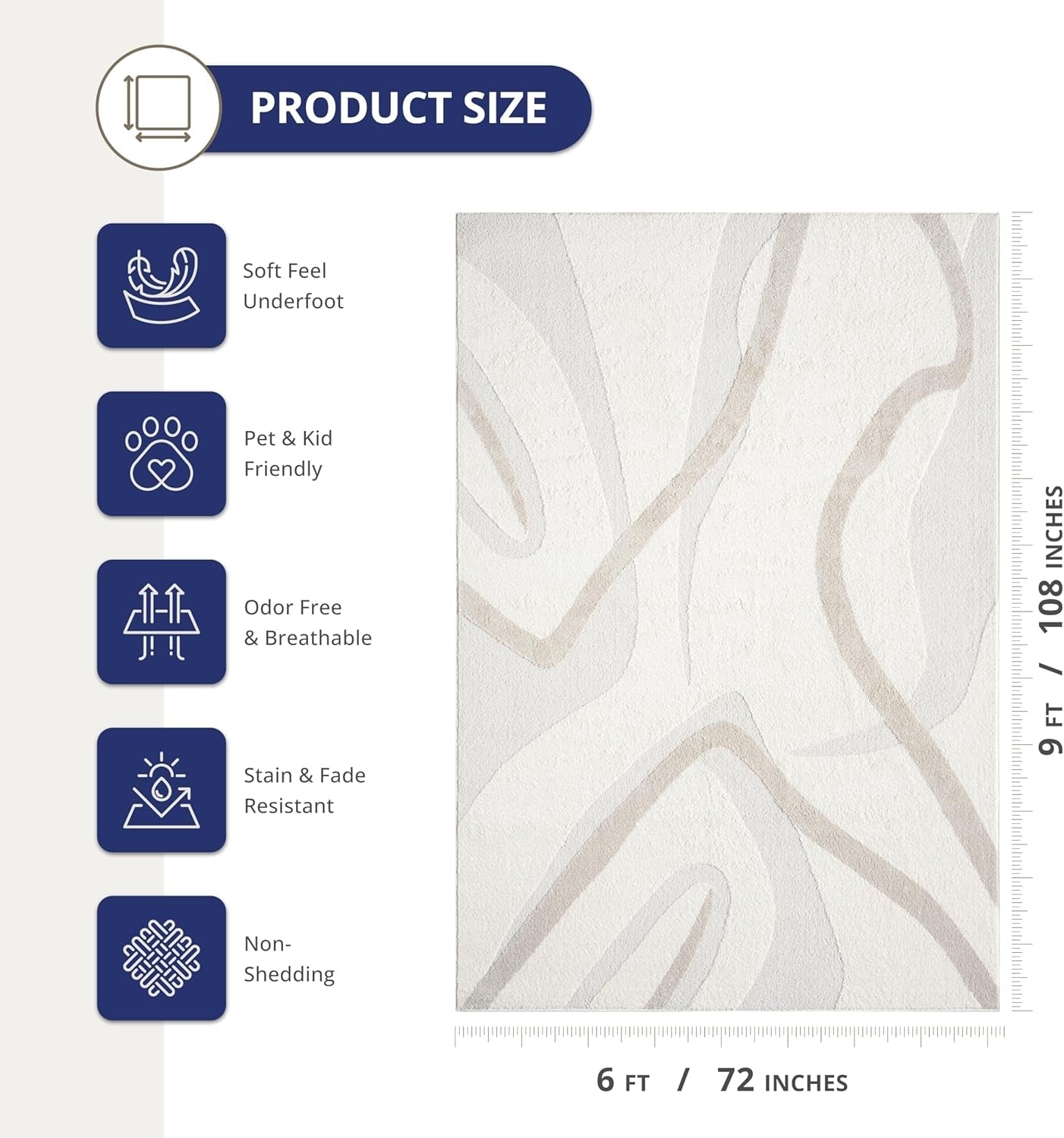 Nomad Cream & Beige Area Rug 6' X 9' for Living Room, Bedroom - Chic Abstract Pattern - Durable & Easy to Clean