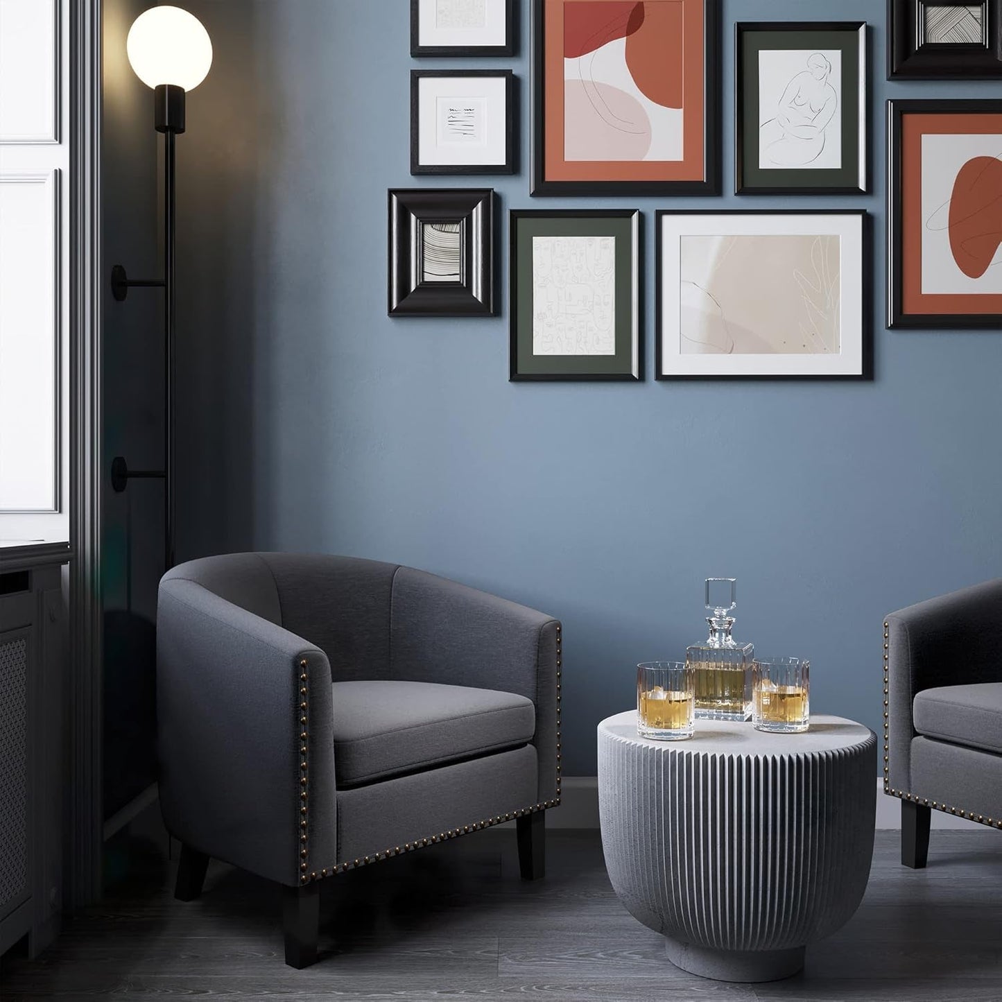 Accent Barrel Chair, Modern Tub Club Chair Upholstered Armchair with Gold Nail Head Trim and Black Legs for Living Room Bedroom Apartment Lounge - Gray/Linen