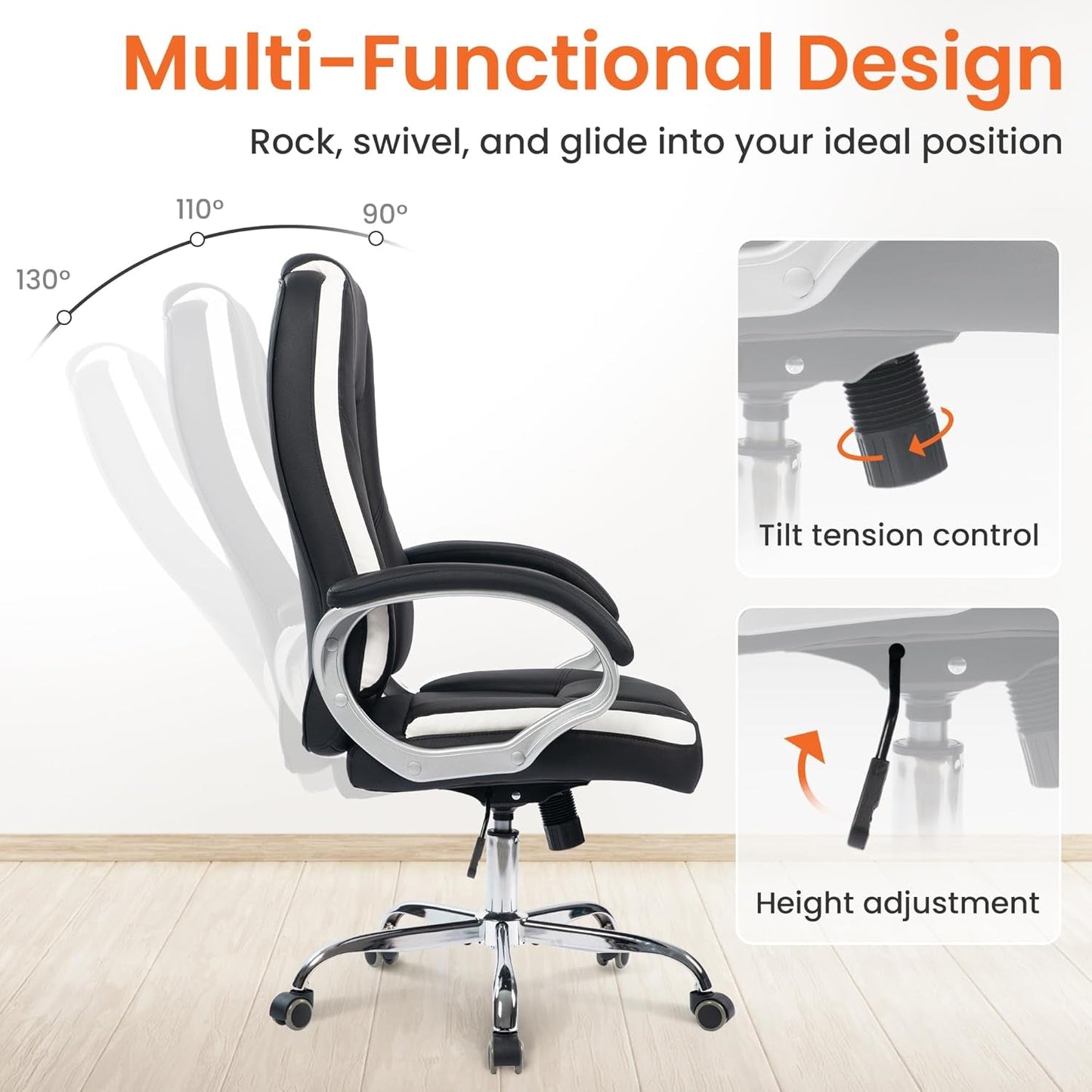 Office Desk Ergonomic Gaming Chair High Back Adjustable Computer Chair with Wheels and Lumbar Support Comfy Leather Executive Swivel (Black)