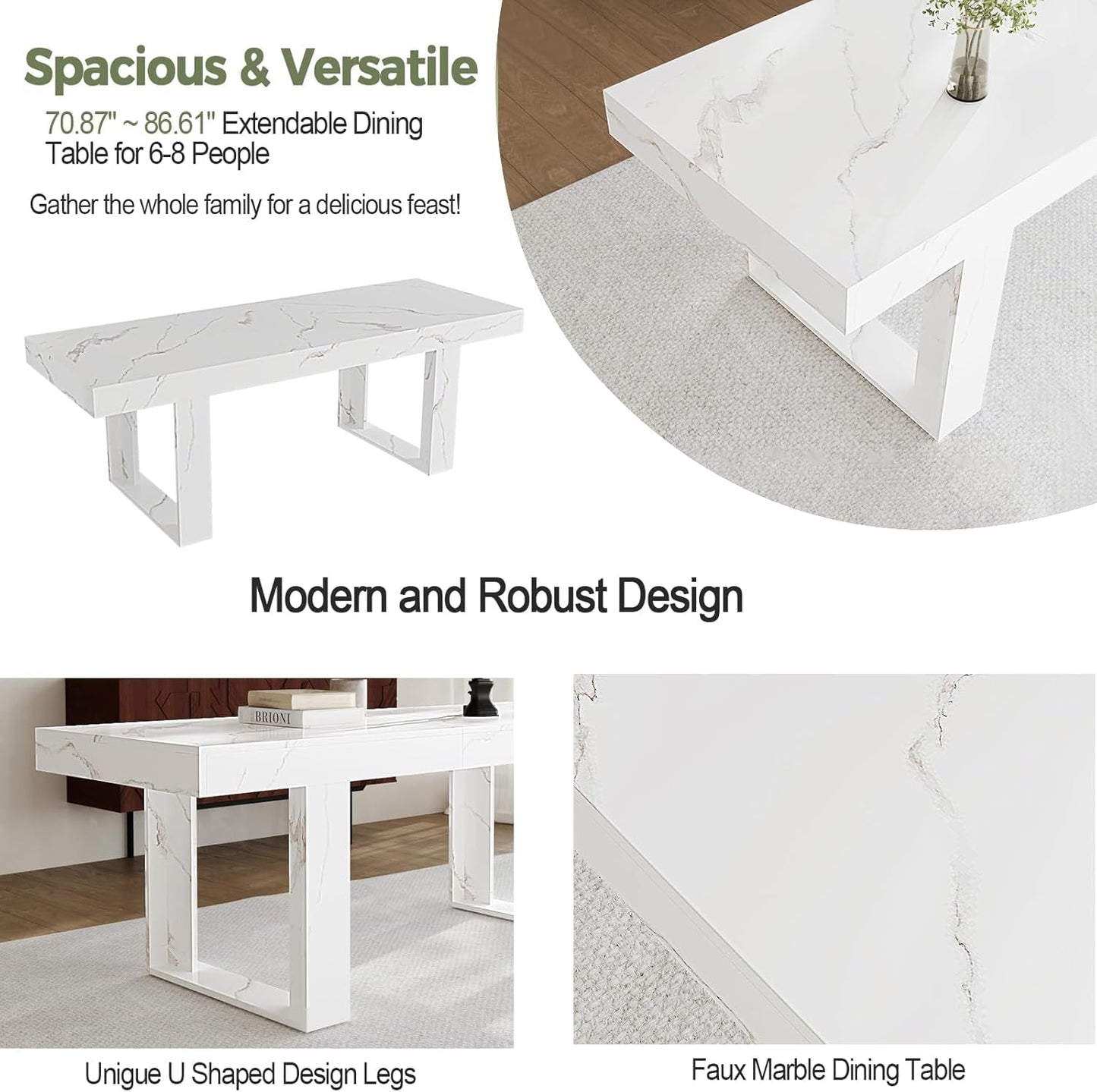 White Marble Extendable Dining Room Table for 8 10, 70.9" (86.6") X 31.5", Rectangle Dinner Table for 6-10, Modern Expandable Retractable Kitchen Table (White)