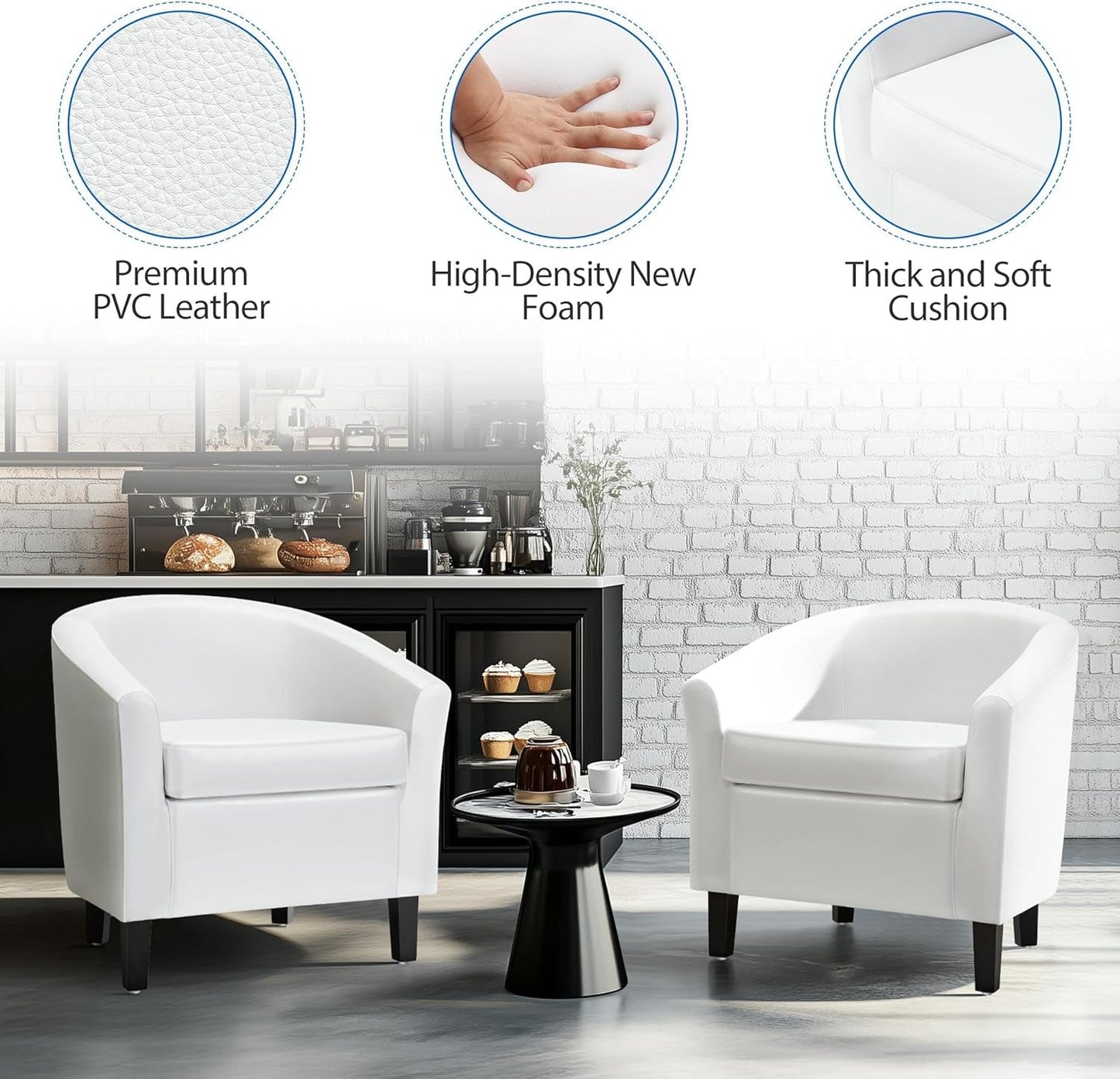 White Leather Chair, Faux Leather Accent Chair, Modern Barrel Chair Comfy Club Chair with Soft Padded and Solid Legs for Living Room Bedroom Reception Room, White