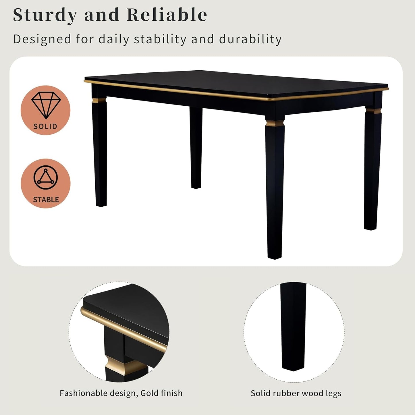 6-Piece Dining Table Set, 60" Solid Wood Rectangular Table with 4 Upholstered Chairs and 1 Bench, Modern Farmhouse for Kitchen Room, Black