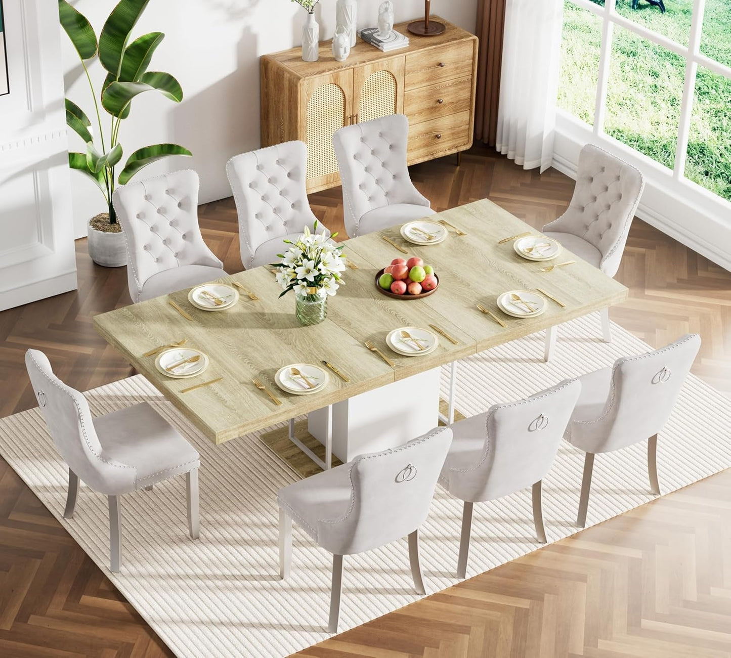78.7" Farmhouse Extendable Dining Room Table Set for 8, 9-Piece Rectangle Kitchen Dining Room Table Set with Wood Base and 8 Beige Velvet Dining Chairs, Extending Kitchen & Dining Table Set