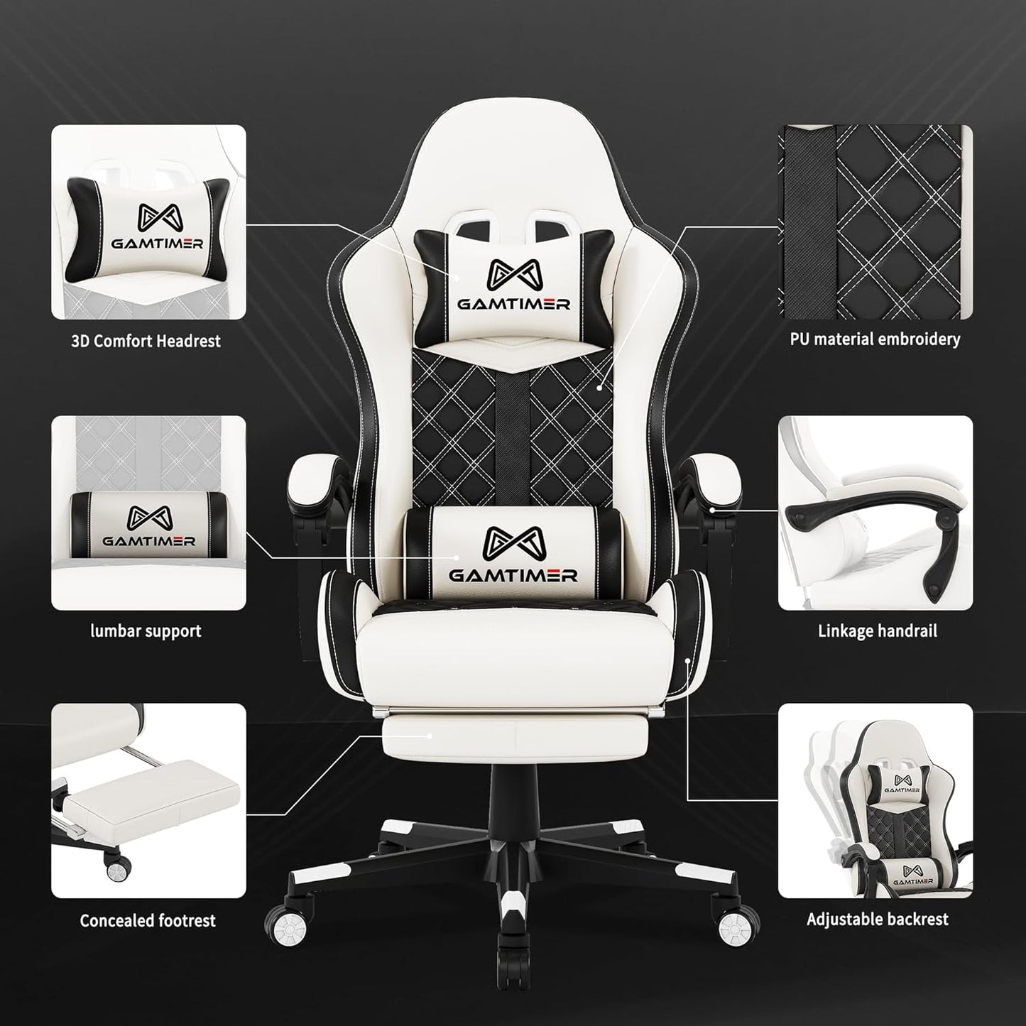 Office Chair, 400 Lbs Adult Chair, High Back Computer Chair with Footrest and Linked Armrests, Office Video Game Chair with Lumbar Support (White)