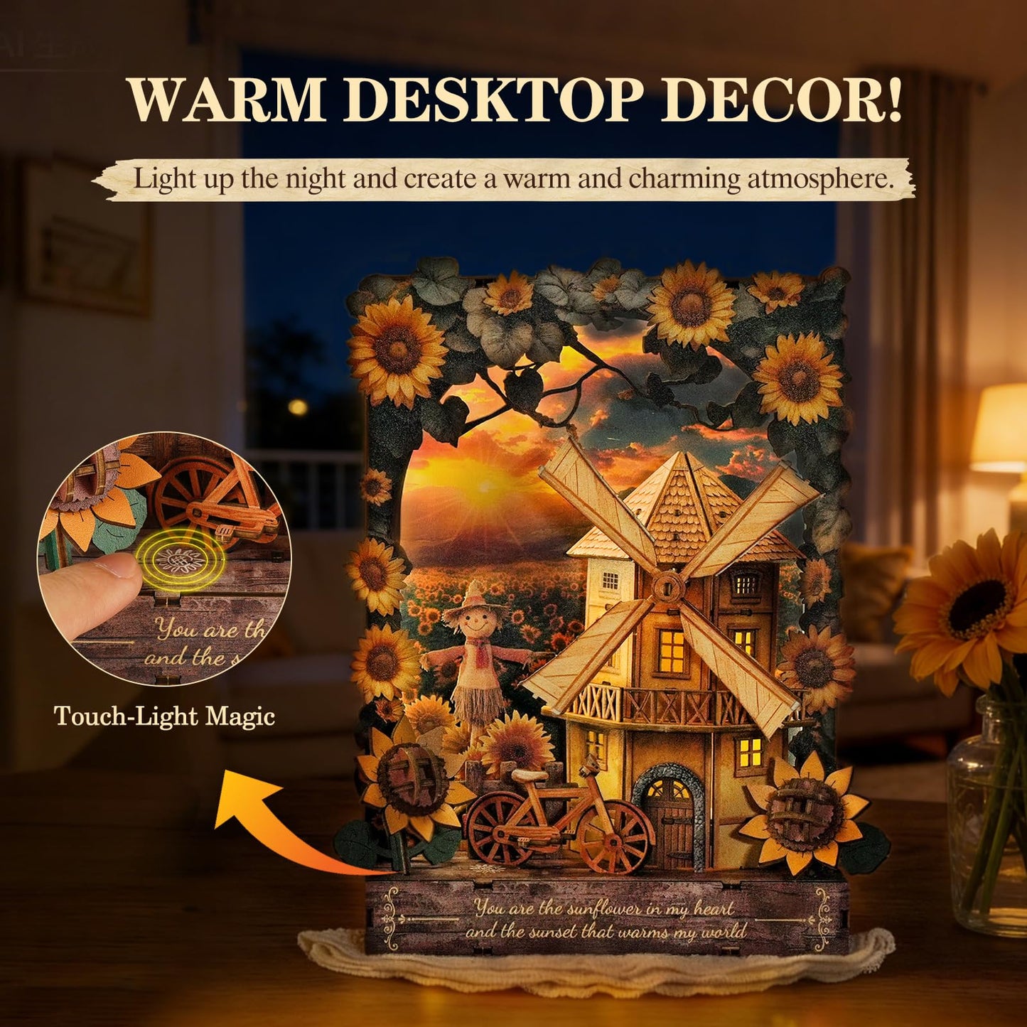 Cutywood 3D Wooden Puzzles for Adults - Sunflower DIY Kits for Adults with LED Light, Desk Decor 3D Wall Art Model Kits for Adult Gift for Nature Enthusiasts