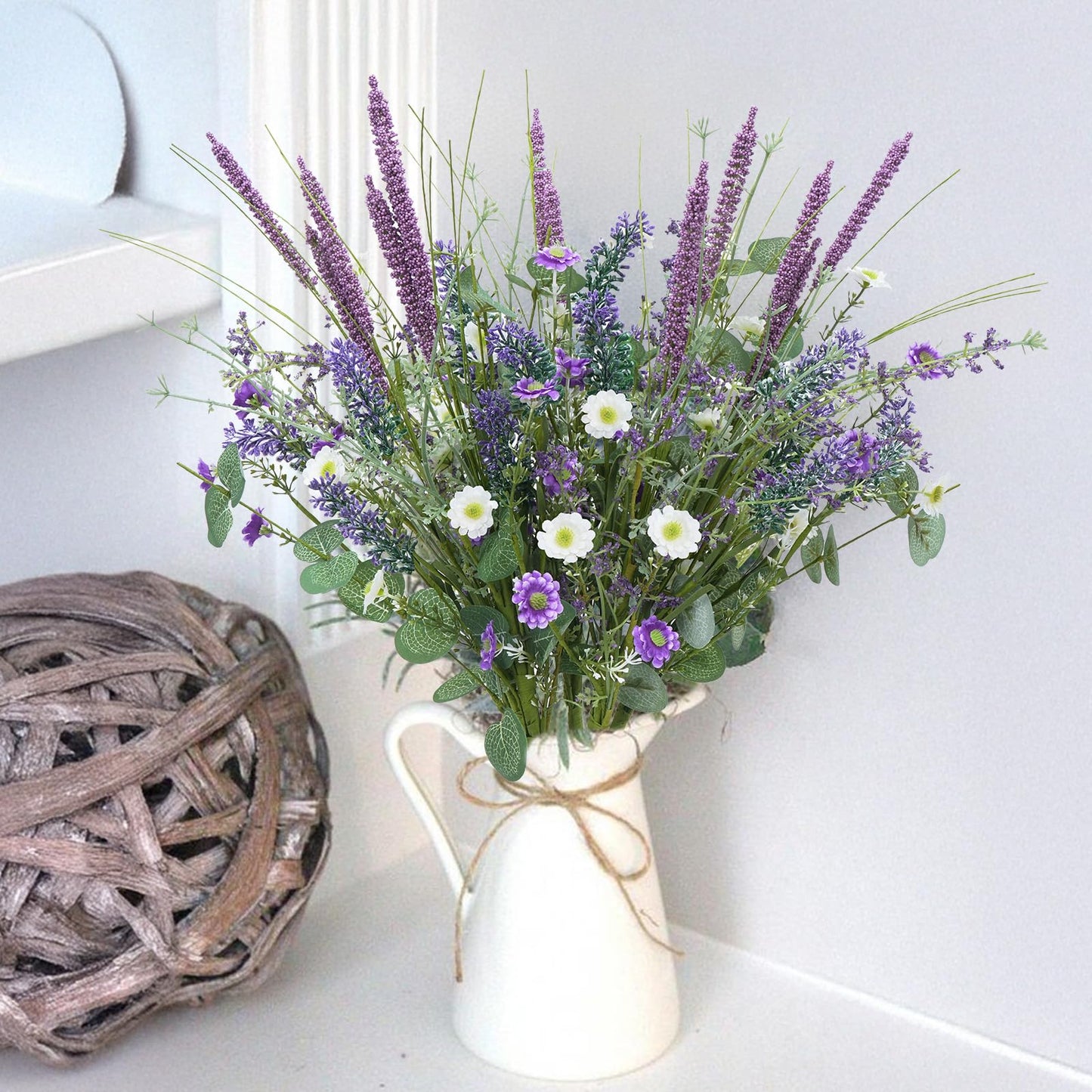 HO2NLE 19.6" Fake Lavender Flowers Artificial Purple 5Pcs Faux Florals Plastic Flowers with Daisies Bulk Bush Spring Summer for Garden Porch Table Centerpieces Home Kitchen Wedding Decorations