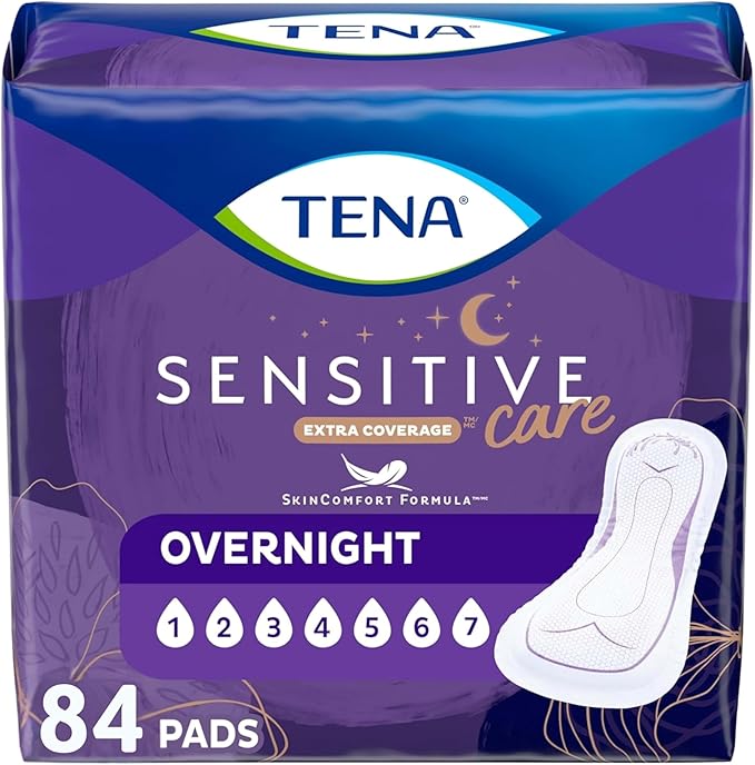 TENA Sensitive Care Incontinence Pads, Bladder Control, Postpartum for Women, Overnight Absorbency, Extra Coverage, 84 Count