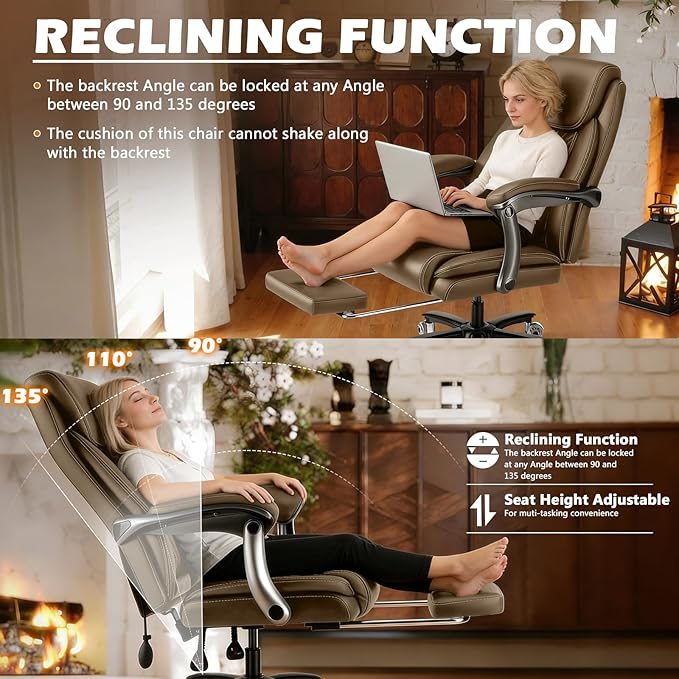 600LBS Reclining Heavy Duty Office Chair with Foot Rest, Big and Tall Office Chair with Pocket Spring Cushion, Large High Back with Adjustable Lumbar Support,Dual Rubber Wheel