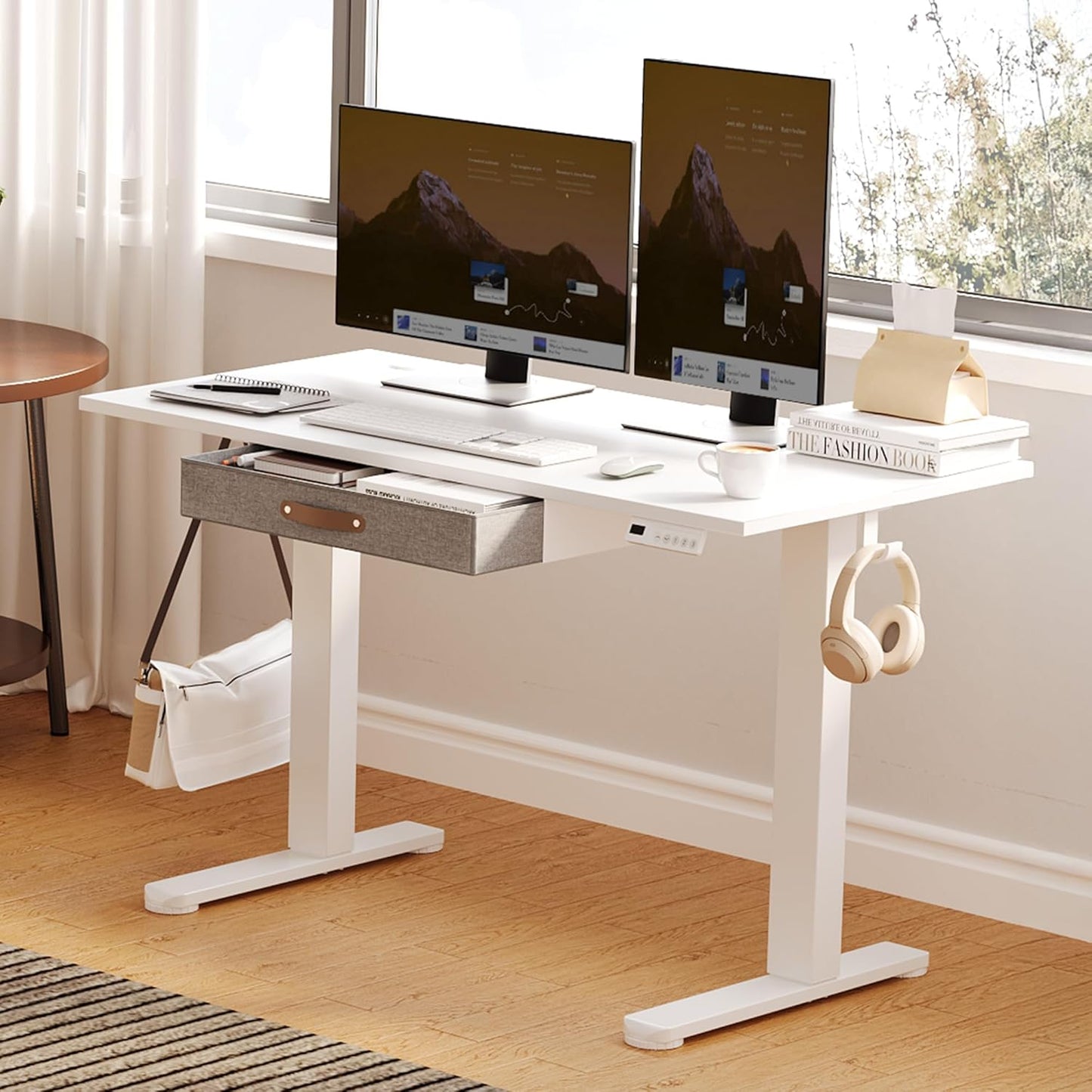 Seang Standing Desk with Drawer, 55" x 24" Height Adjustable Stand Up Desk, 3 Memory Height Settings with Cable Grommets & Storage Hooks, Ideal for Home & Office, White