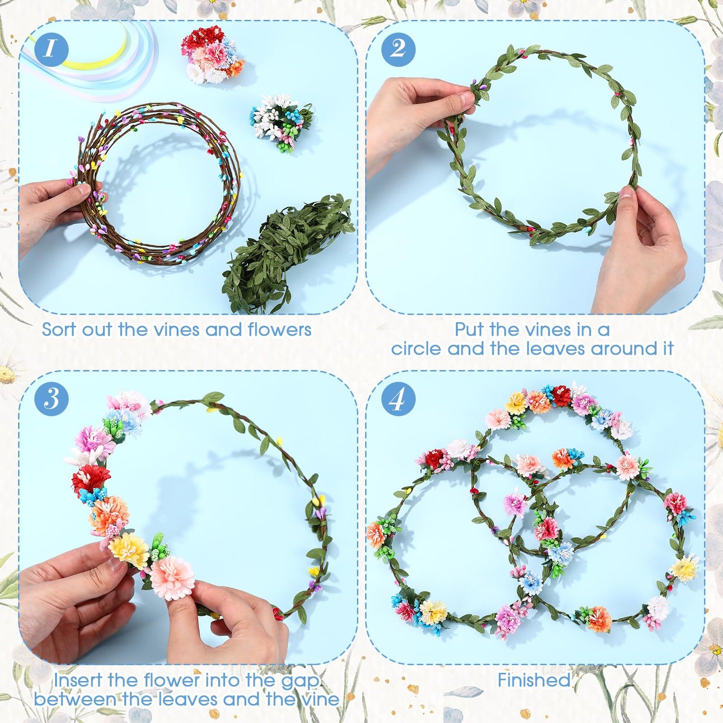 Zeyune 20 Sets Spring Tea Party Favor Flower Crowns Making Kit, Make Your Own Flower Crown Wreath Garland Headbands Craft Kit Handmade DIY Fairy Floral Hair Accessories Gift for Women