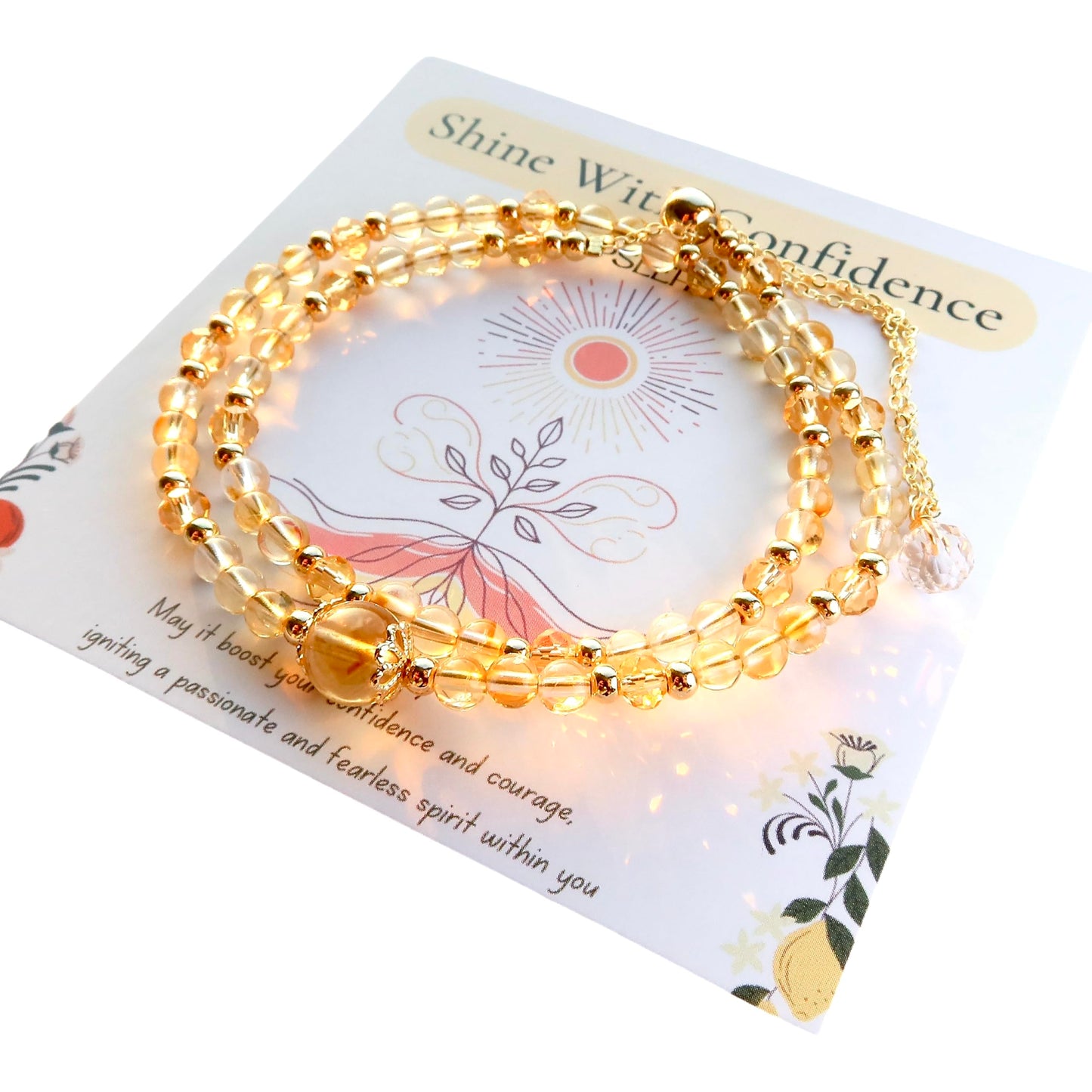 PSEEHEE Handmade Genuine Citrine Crystal Beads Double Layered 14k Gold Filled Wire Bracelet, Birthstone Chakra Healing Gemstone Crystal Adjustable Bangle Cuff Jewelry Gift for Women