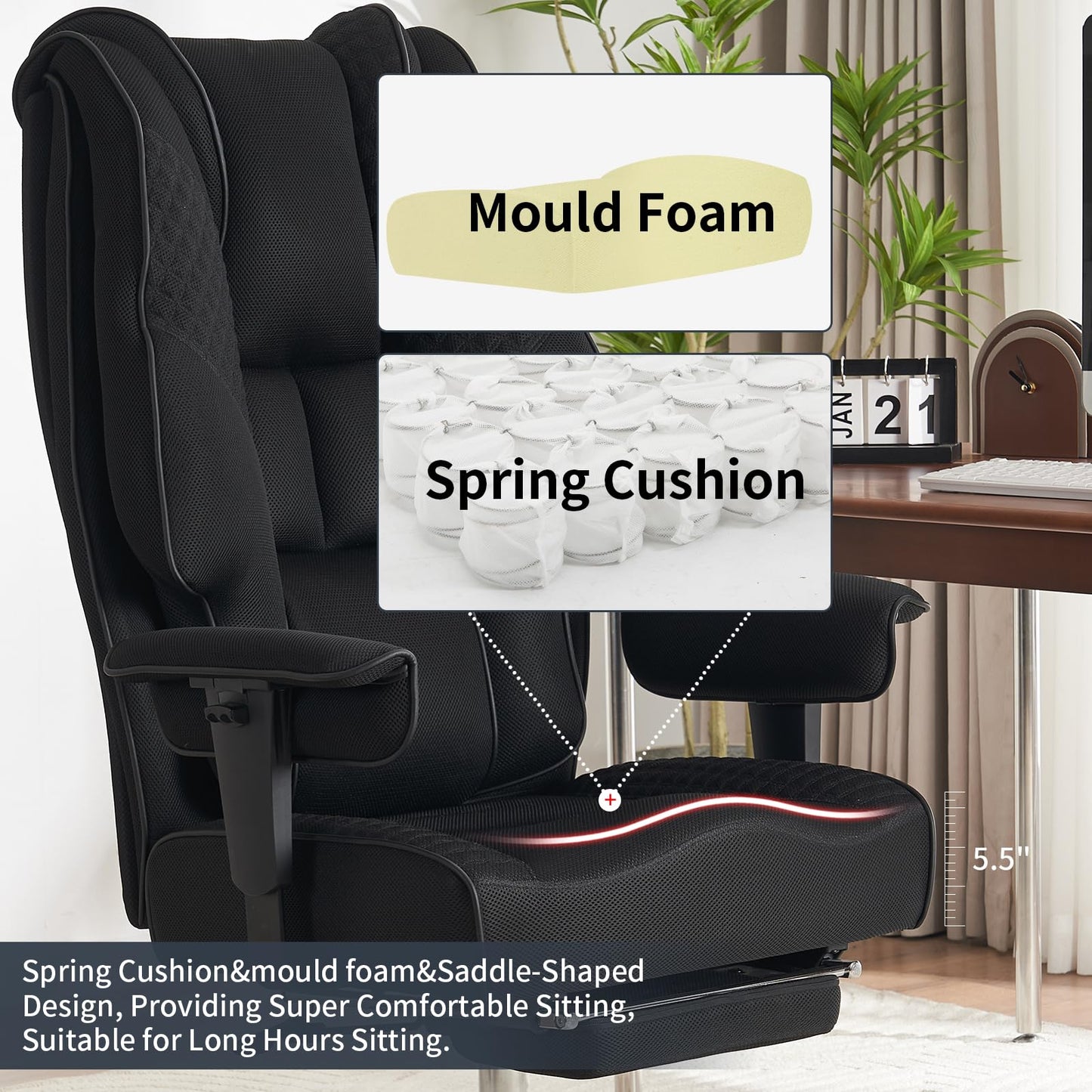Big and Tall Office Chair 400lbs Wide Seat, Leather High Back Executive Office Chair with Foot Rest, Ergonomic Chairs Lumbar Support for Lower Back Pain Relief (Mesh Black)