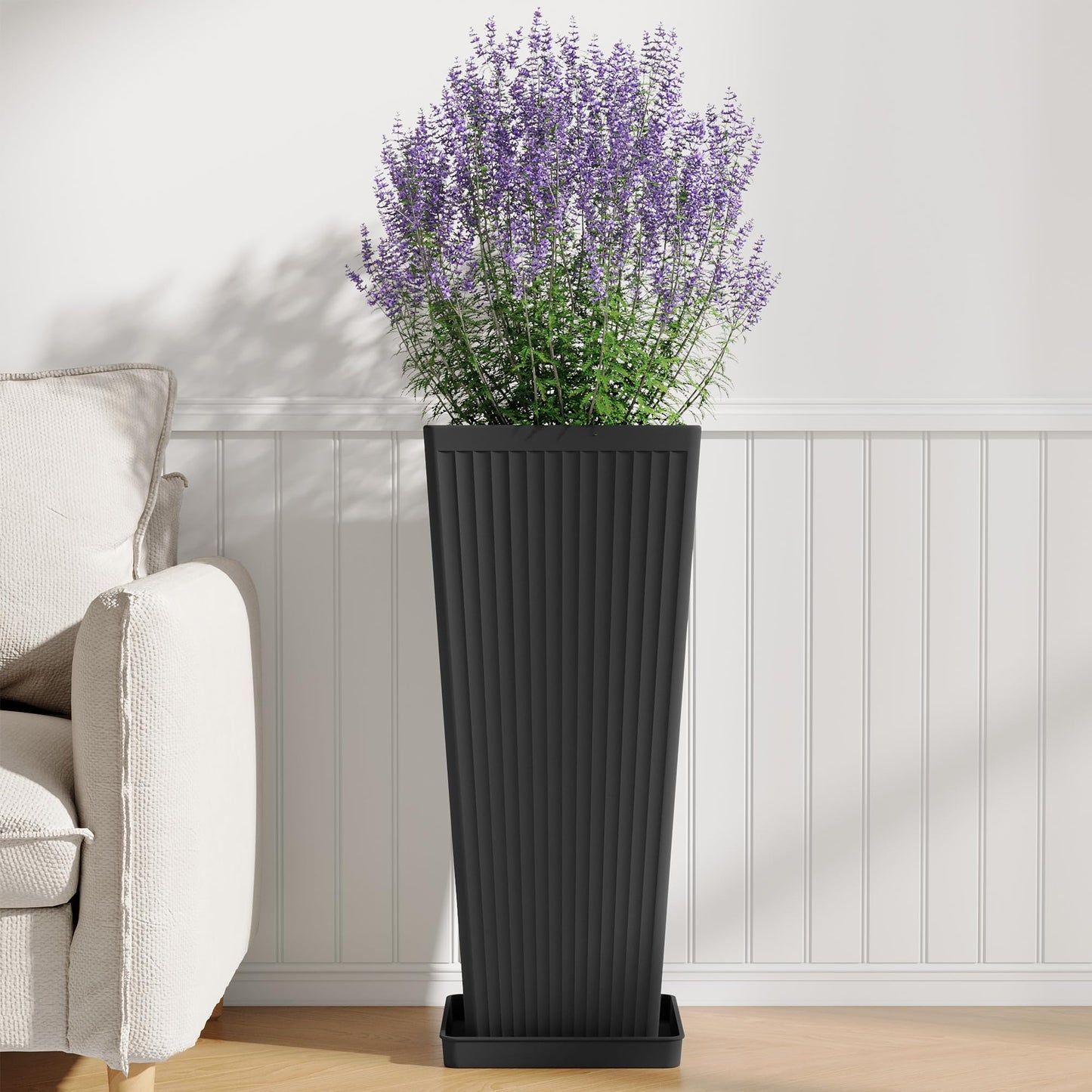 seethmi Tall Planters for Outdoor Plants Set of 2, 23.6" Large Taper Flower Plant Pots with Drainage Hole and Drainage Trays, Weather-Resistant Plastic planters for Patio, Porch, Garden, Black