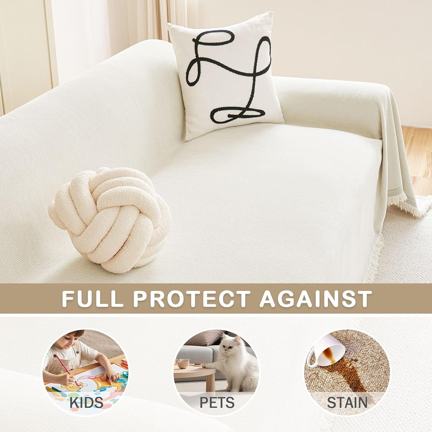 hyha Couch Cover for Dogs, Boho Sofa Covers for 3 Cushion Couch Washable, Chenille Sofa Slipcover for Pets, Soft Loveseat Sectional Couch Throw Blankets with Tassels (Beige, 88.5x150 Inch)