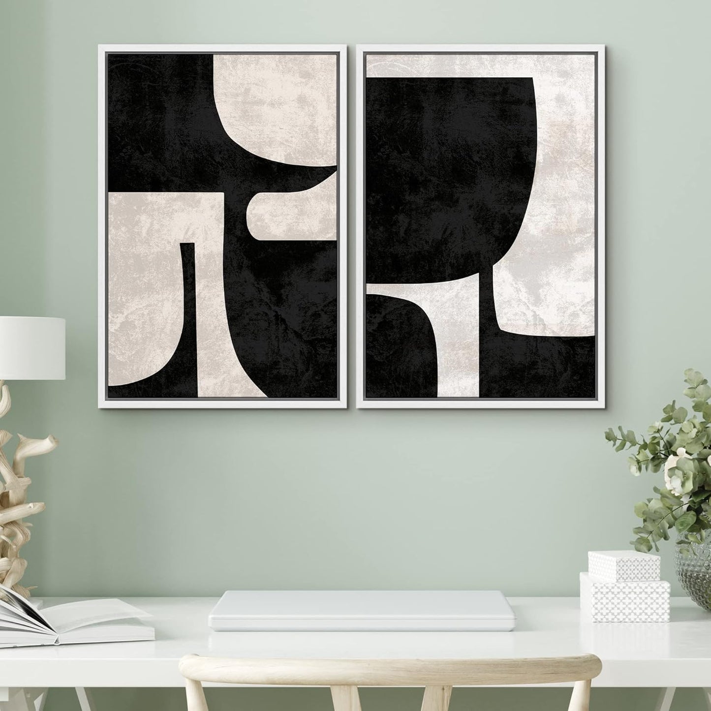 SIGNWIN Framed Canvas Print Wall Art Set Mid-Century Black Polygon Variety Abstract Shapes Illustrations Modern Art Decorative Contemporary for Living Room, Bedroom, Office - 24"x36"x2 White