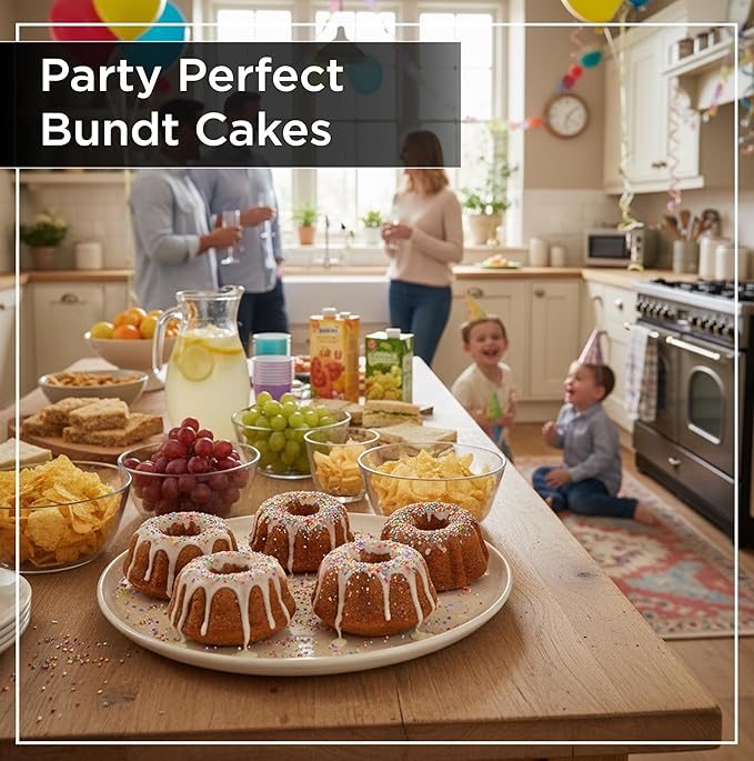 Wrenbury Nonstick Mini Buntz Cake Pan Non Stick for Baking - 6 Cup Bundlette Fluted Cake Tin for Small Cakes - PFOA Free and Dishwasher Safe - 3.75” Cup Width