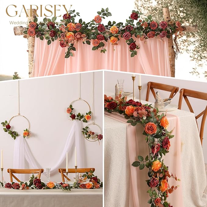 5FT Terracotta Artificial Flower Garland Fall Floral Garland Burnt Orange Arch Rose Vine for Wedding Ceremony Party Backdrop Decor Arch Flowers Mantel Table Centerpieces Decorations