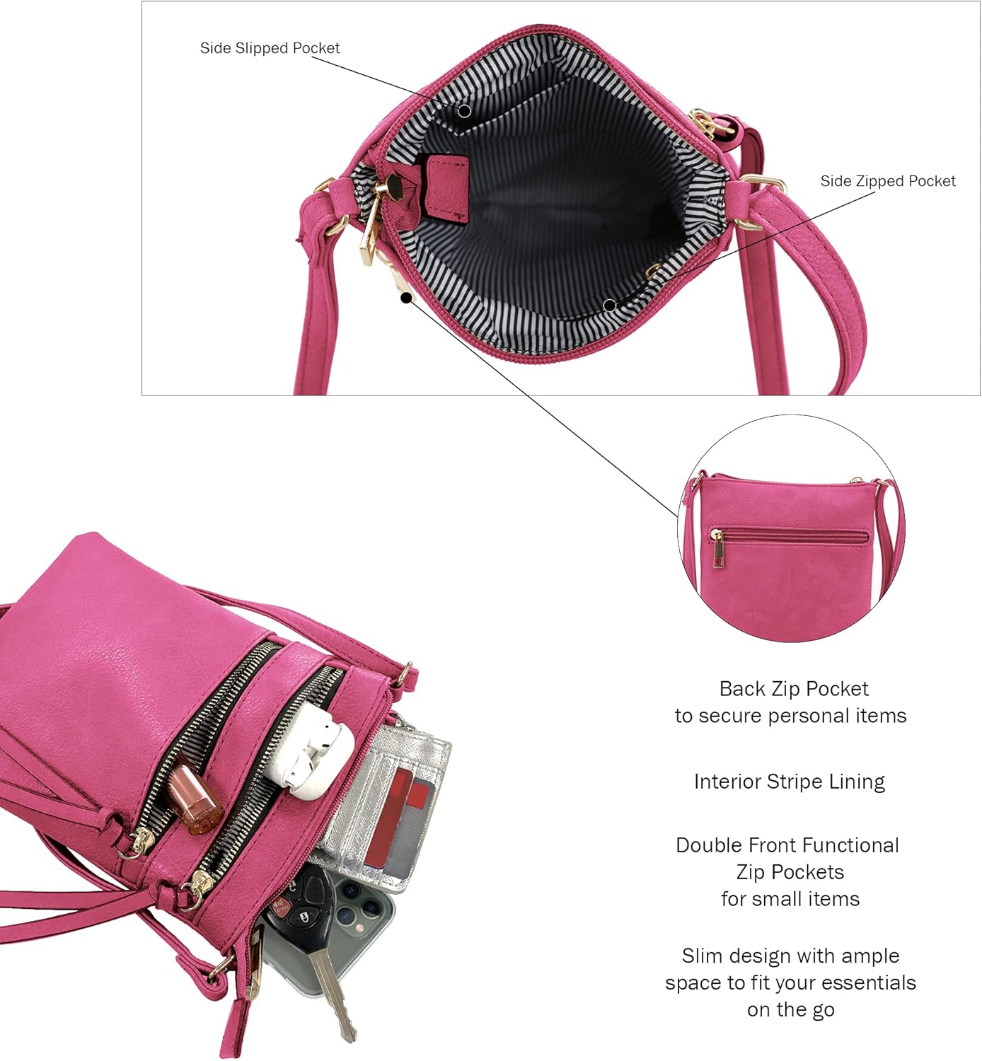 DELUXITY | Crossbody Purse Bag | Functional Multi Pocket Double Zipper Purse | Adjustable Strap | Medium Size Purse |Fuchsia