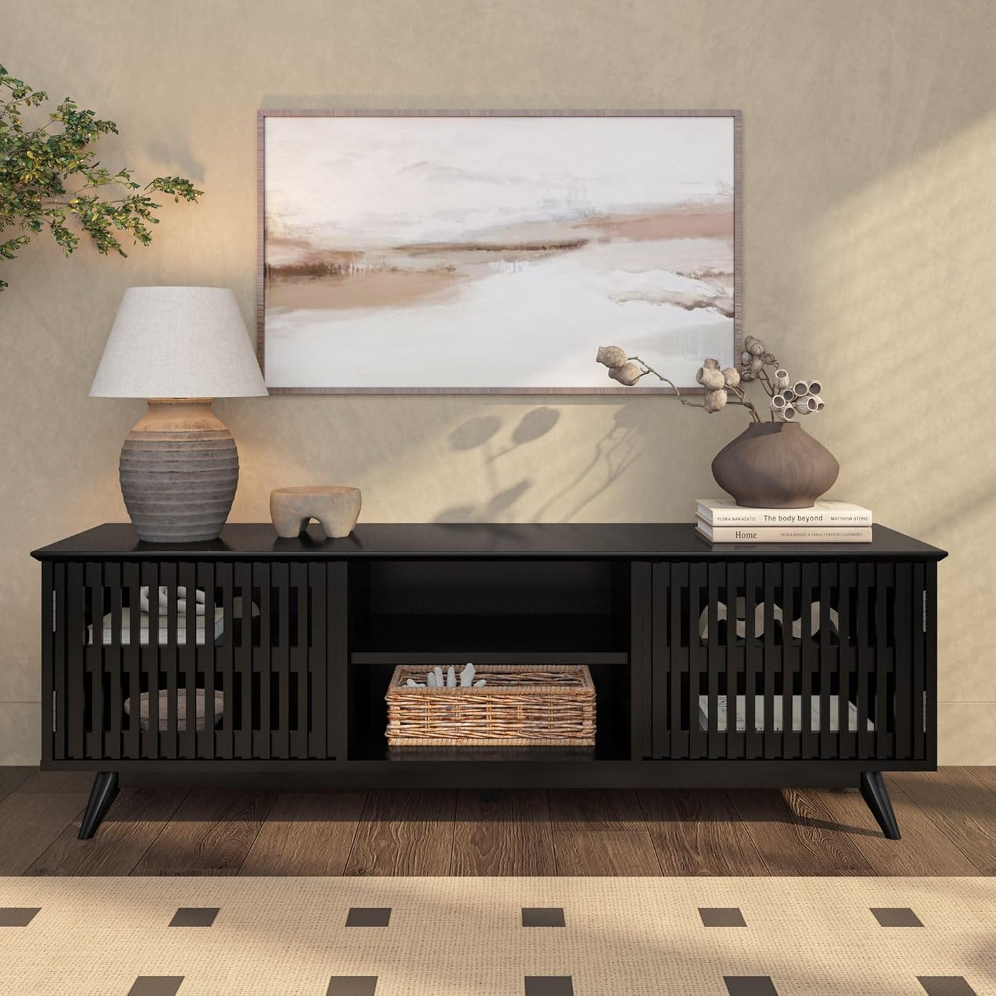 Plank+Beam Mid-Century Modern Wood TV Stand, Solid Wood Entertainment Console with Storage, 59" L x 16" W x 19" H, Black