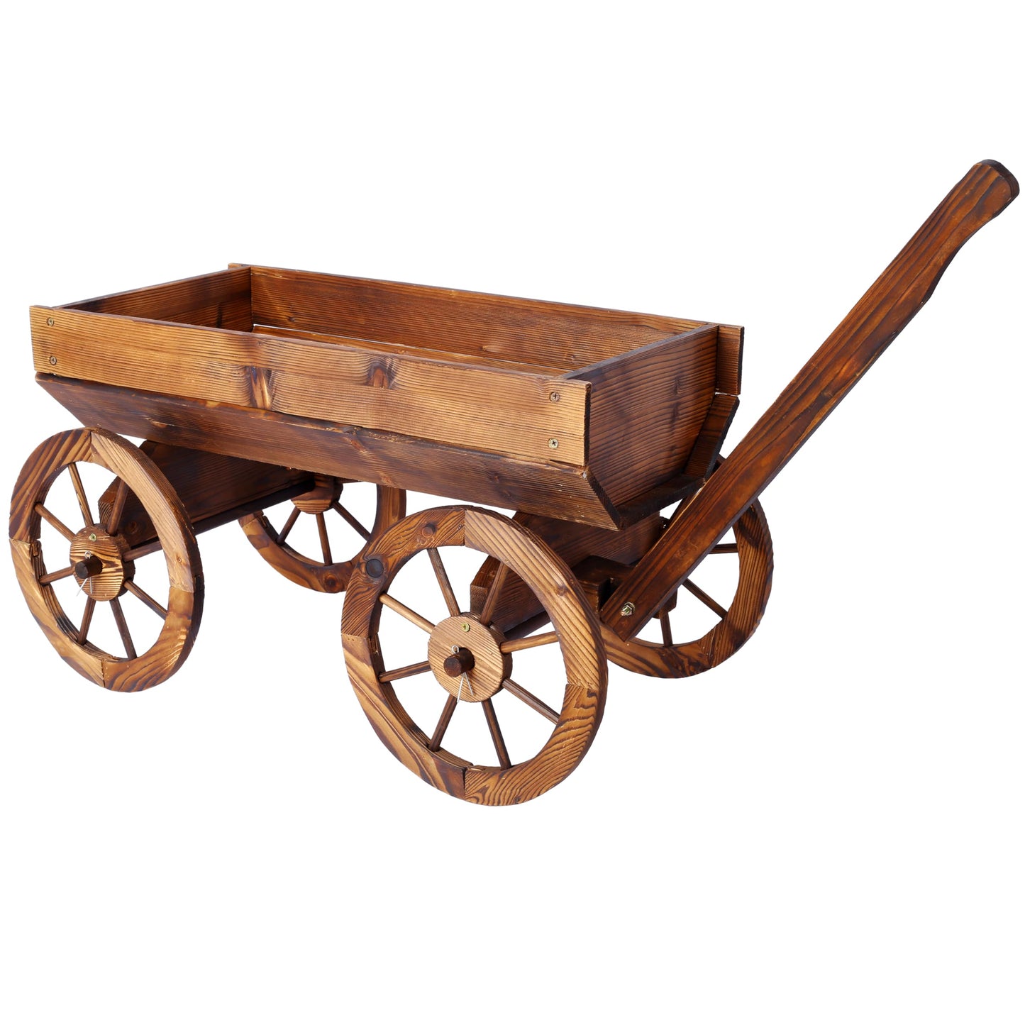 ZENITHLIVING Wooden Wagon Planter with Wheels, Brown Fir Wood Garden Cart, 41.4 x 16 x 24 Inches, Outdoor Flower Pot Stand with Handle