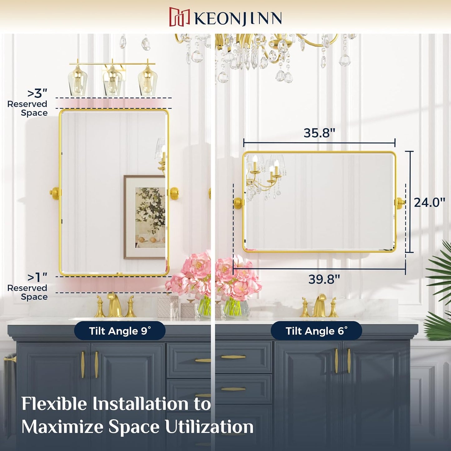 Keonjinn 24 x 36 Inch Pivot Mirror Bathroom, Gold Tilt Mirror Bathroom for Wall, Brushed Gold Beveled Pivot Rectangle Mirrors for Over Sink, Modern Metal Framed Vanity Mirrors, Horizontal/Vertical