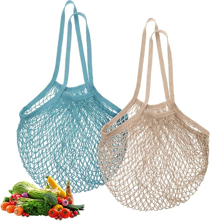 2 Pack Reusable Grocery Bags Cotton Mesh Produce Bags Long Handle Mesh Tote Bag for Fruit & Veggie Storage(Beige and Blue-Gray)