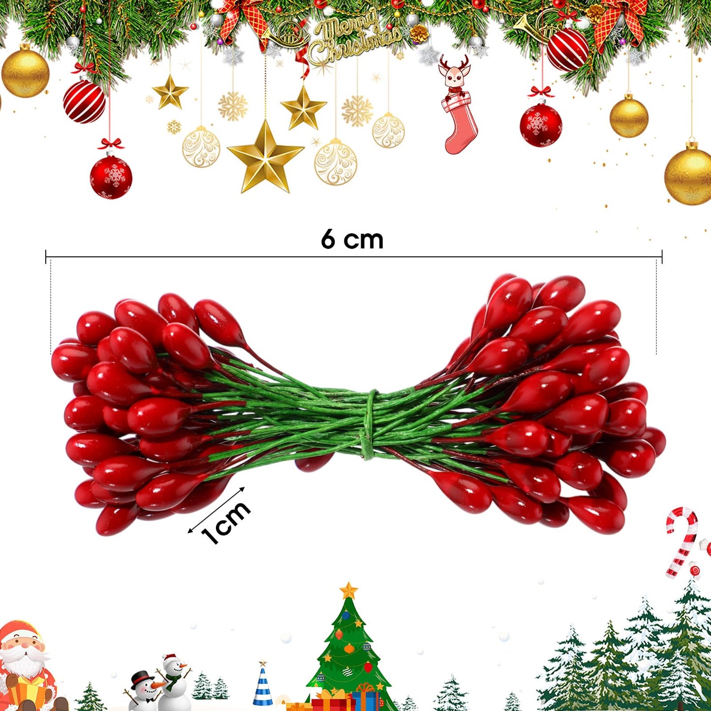 BBTO 300 Pcs Artificial Holly Christmas Fake Berries on 150 Wire Stems Berries Branches Stems Decor for Christmas Tree Decoration Wreath DIY Crafts Use Wedding Home Xmas Party Favor(Dark Red)