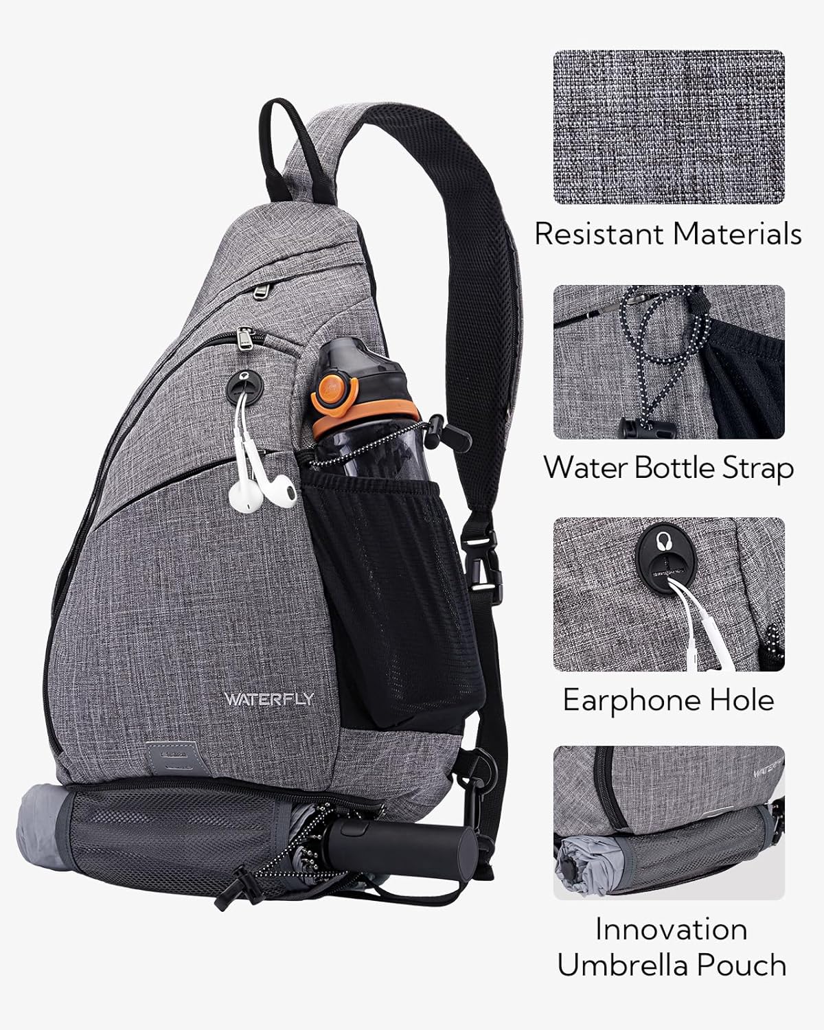 WATERFLY Large Crossbody Sling Bag: Over Shoulder Backpack Daypack Casual Cross Chest Side Pack
