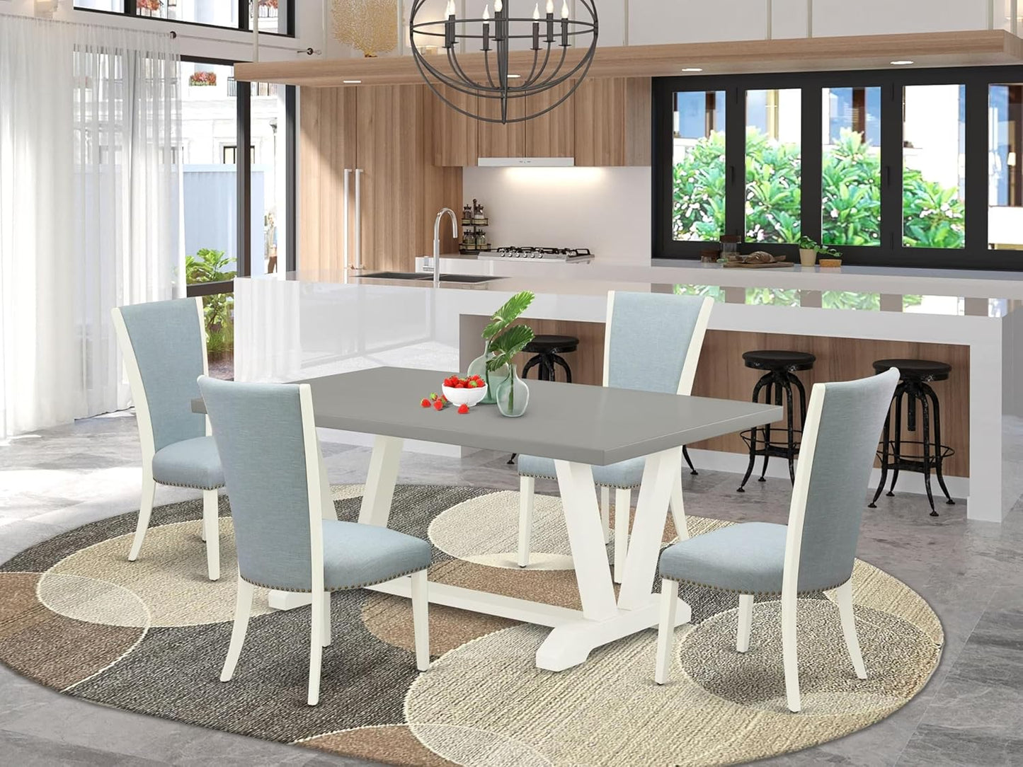 East West Furniture V097VE215-5 5 Piece Kitchen Table & Chairs Set Includes a Rectangle Dining Room Table with V-Legs and 4 Baby Blue Linen Fabric Parsons Chairs, 40x72 Inch, Multi-Color