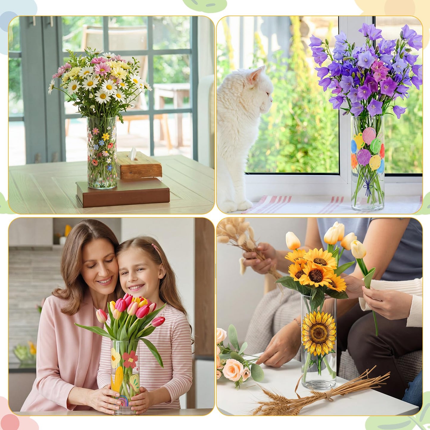 Cinrobiye 6 Set DIY Glass Vase Craft Kit, Clear Glass Flower Vase Painting Set with Decorative Flowers, Stickers and Pens for Home Decor, Creative Art Projects and Table Decoration