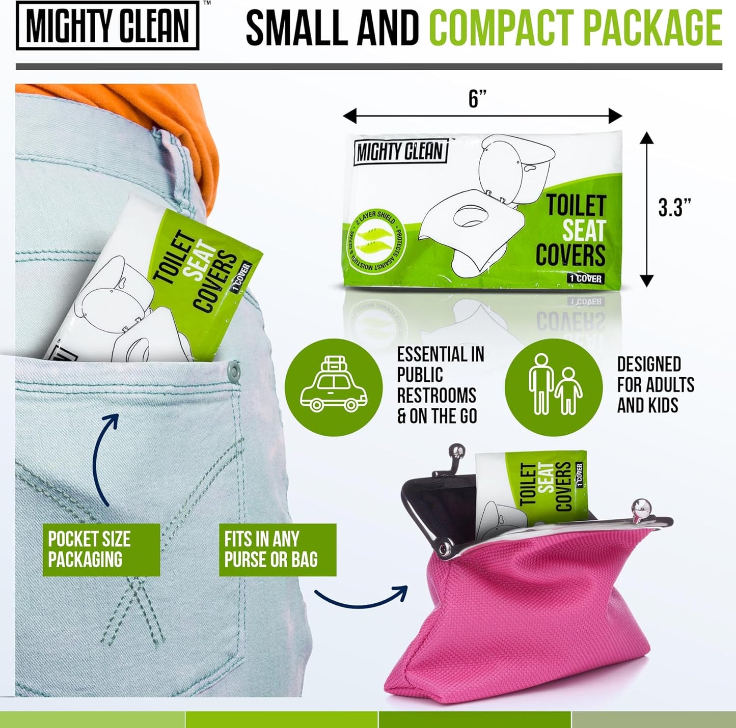 XL Disposable Toilet Seat Covers by Mighty Clean｜100% Waterproof ｜Individually Wrapped, Extra Wide Covers for Adults and Kids｜40 Count