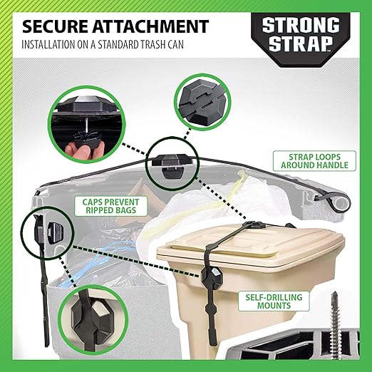 Blazer Brand Strong Strap Lid Locks for 32–96 Gallon Garbage Cans (2-Pack) Long Lasting, No Tools Required, Stretch to Latch, Mitigate Pests, Wind, Overflow, and Spillage