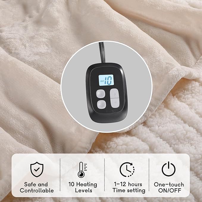Heated Blanket Electric Blanket King Size 90''x100'' with 10 Heating Levels, 1-12 Hour Auto Shut Off, Machine Washable, Dual Controller Soft Warming Blanket for Couch, Bed, Office - White