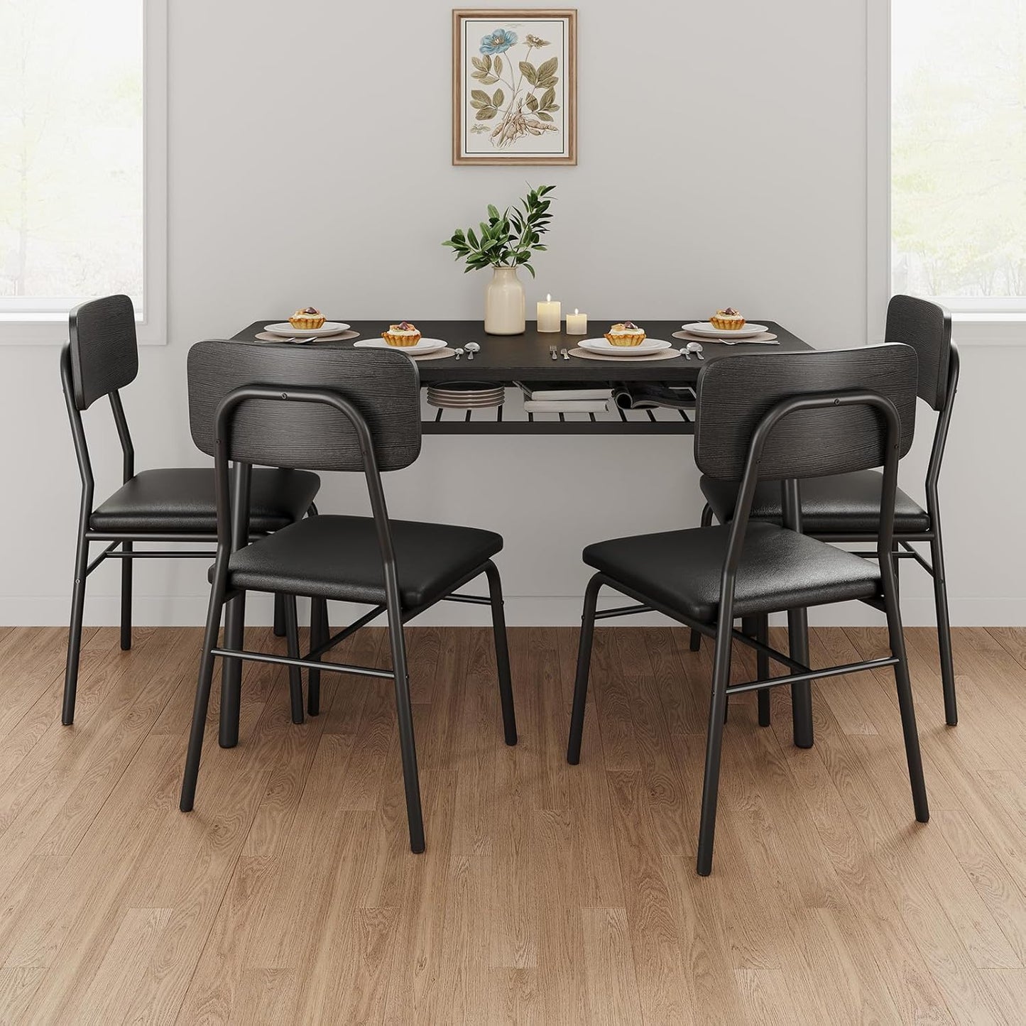 GAOMON 5-Piece Dining Table Set for 4, Wood Kitchen with Built-in Storage Rack,Small Kitchen Table with Upholstered Chairs and Metal Frame for Small Spaces, Black