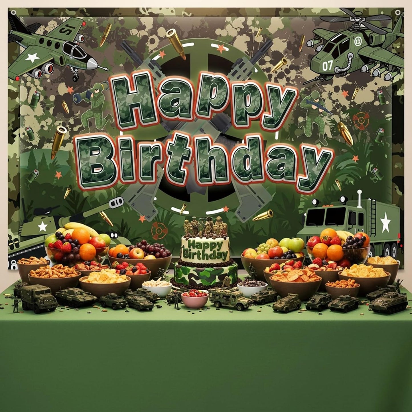 Army Camo Happy Birthday Backdrop Banner - Camouflage Military Theme Party Decorations, Large Vinyl Photo Background for Army Birthday Party Supplies 7x5 FT (71x43 In)