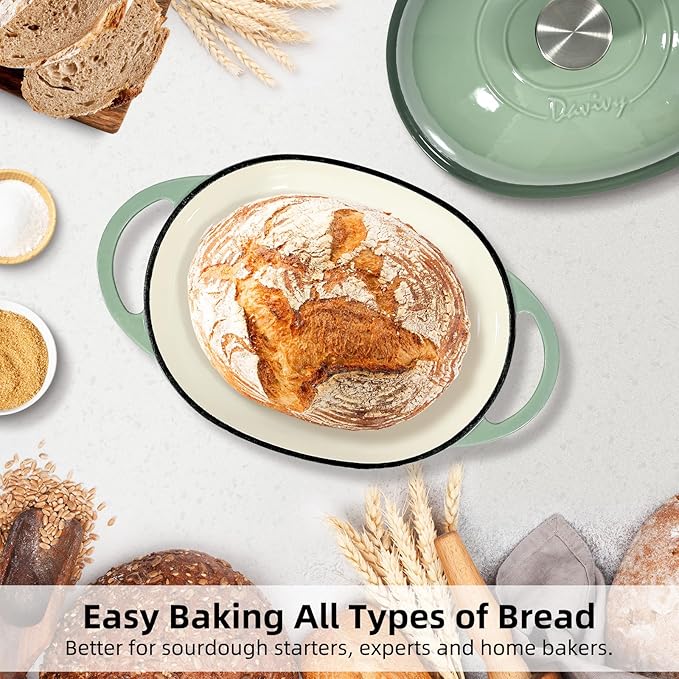 Davivy 6QT Cast Iron Oval Dutch Oven with Silicone Baking Mat, Bread Dutch Oven for Sourdough Bread Baking 6QT, Cast Iron Loaf Pan with Domed Lid - Sea Salt Green