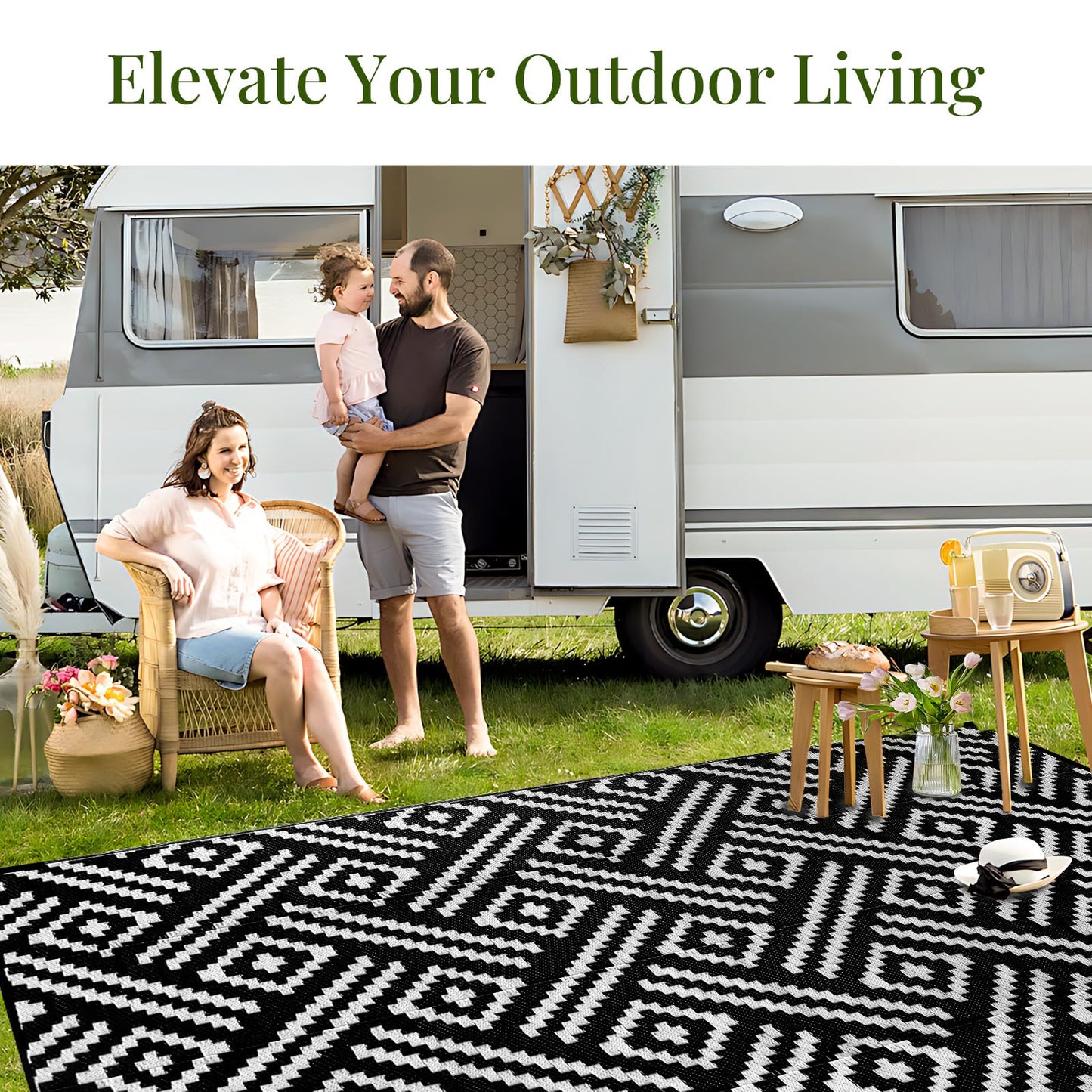 OPPODREAM Outdoor Rug 8x10 Patio Waterproof, Large Outdoor Plastic Straw Rug, Reversible Out Door Carpet for Camping, Deck, Rv, 8 x 10 Area Carpet for Balcony, Porch, Backyard, Black and White