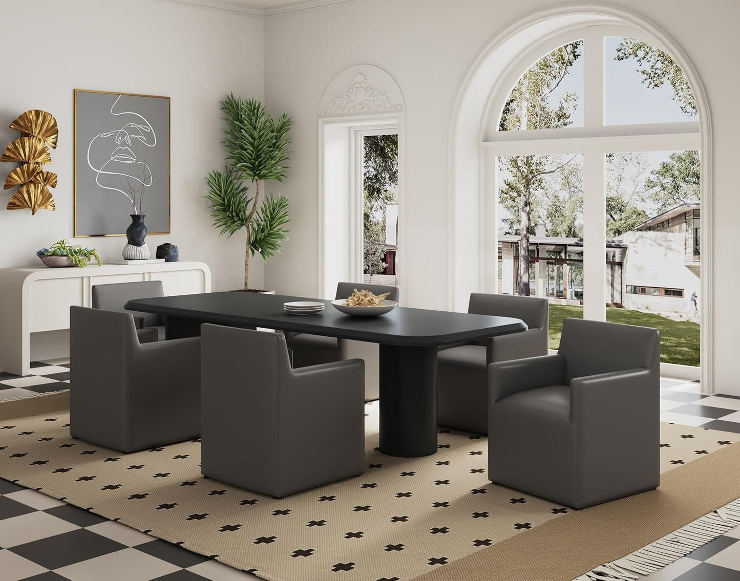 Manhattan Comfort Anna Square Modern Dining Chair with Arms, Head-to-Toe Faux Leather Upholstered Accent Armchair with Plastic Foot Padding, Set of 1, Pewter