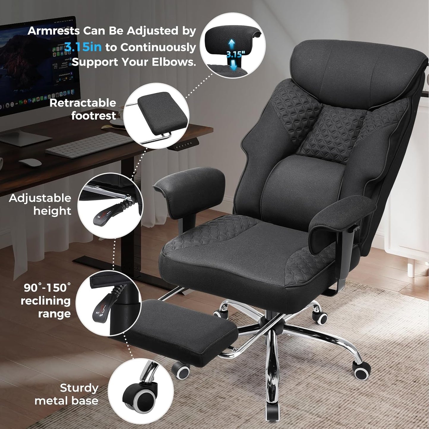 GTRACING Big and Tall Office Chair 400LBS Wide Ergonomic Fabric Deluxe Embossing Designed Gaming Chair with Foot Rest,150°Reclining Adjustable Armrests Pocket Spring Back Support and Pillow
