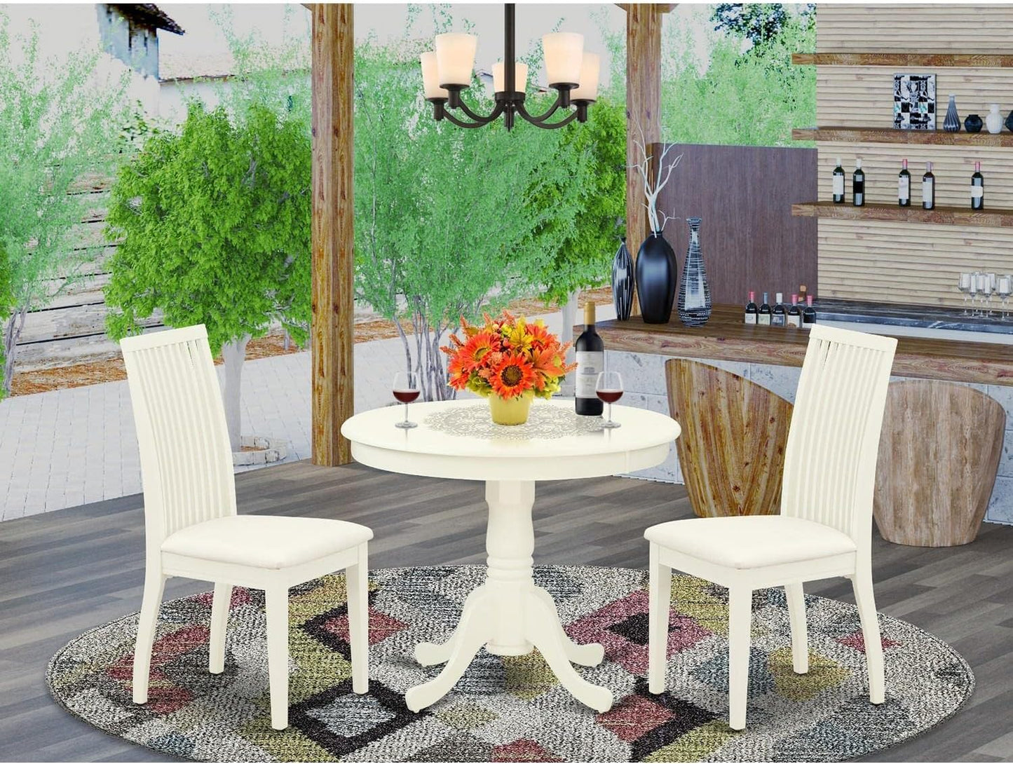 East West Furniture ANIP3-LWH-C 3 Piece Kitchen Table Set for Small Spaces Contains a Round Dining Table with Pedestal and 2 Linen Fabric Dining Room Chairs, 36x36 Inch, Linen White