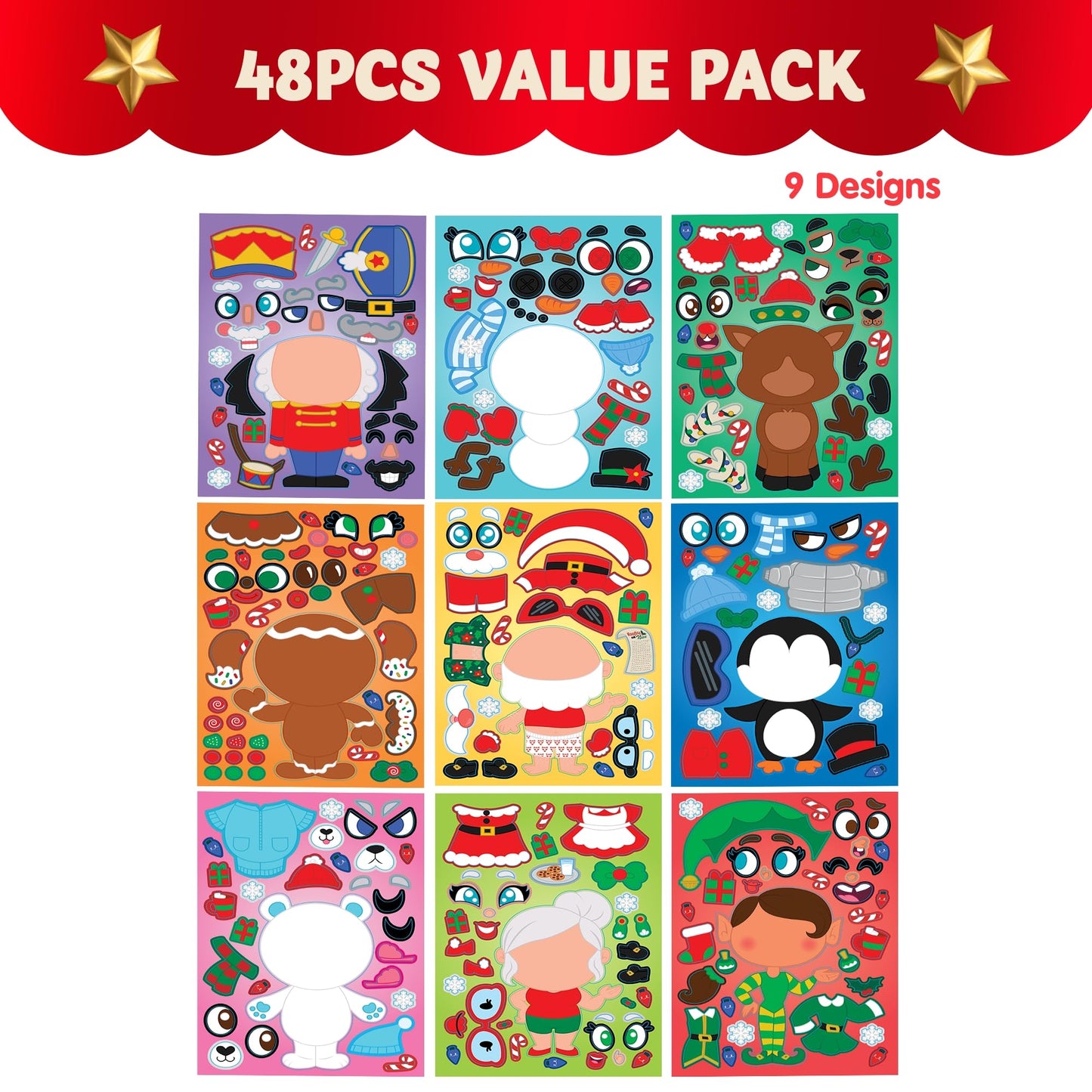 JOYIN 48 Pcs Christmas Make A Face Sticker Sheets Make Your Characters with Santa Santa, Gnome, Reindeer, Snowman, Gifts for Kids School Activities Party Favor Supplies Xmas Craft